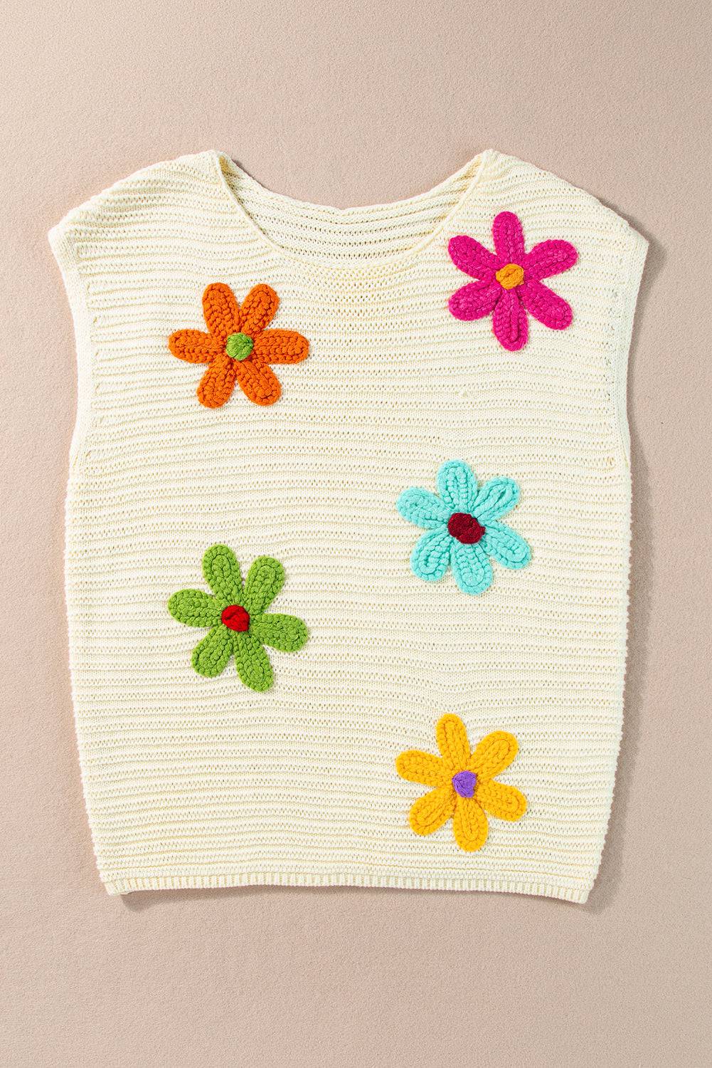 White Flower Crochet Round Neck Knitted Top eAura