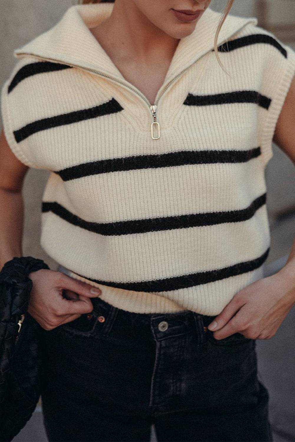 White Stripe Zipped Collar Cap Sleeve Knit Top eAura