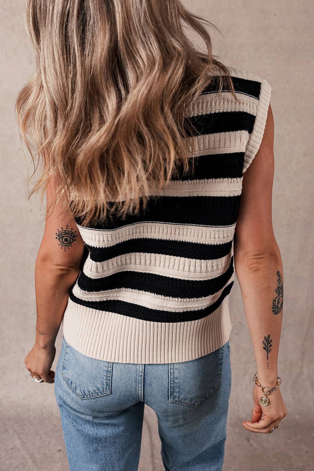 Black Stripe Ribbed Trim Knitted Sweater Vest eAura