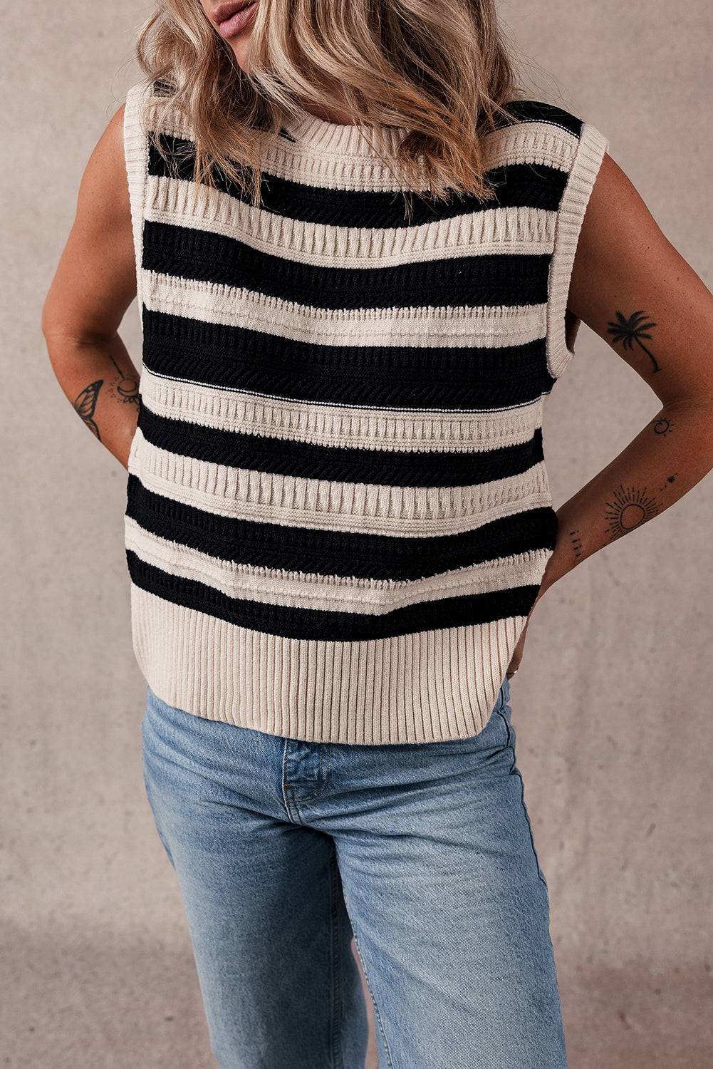 Black Stripe Ribbed Trim Knitted Sweater Vest eAura