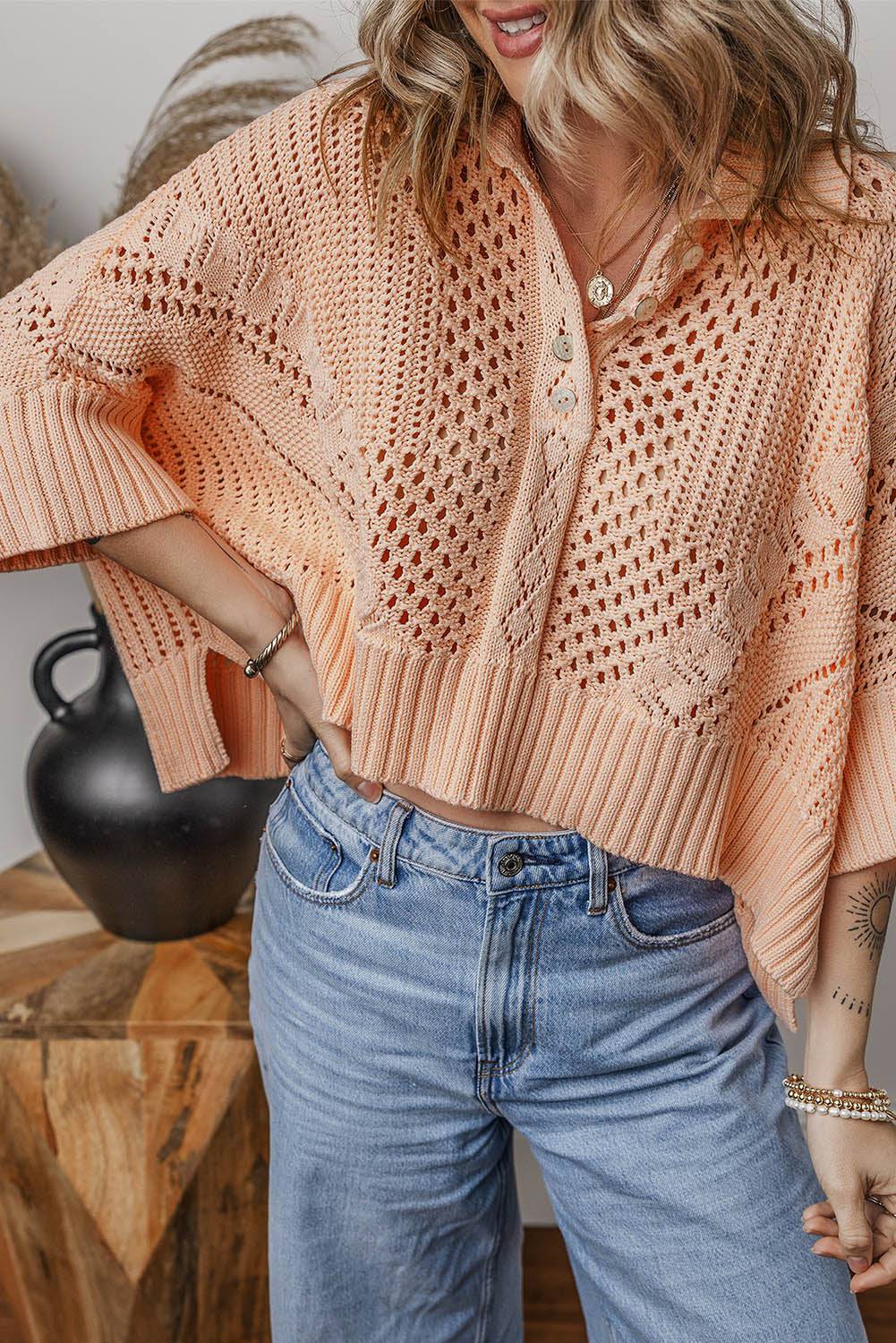 Apricot Pink Hollowed Knit 3/4 Dolman Sleeve Buttoned Collared Sweater eAura