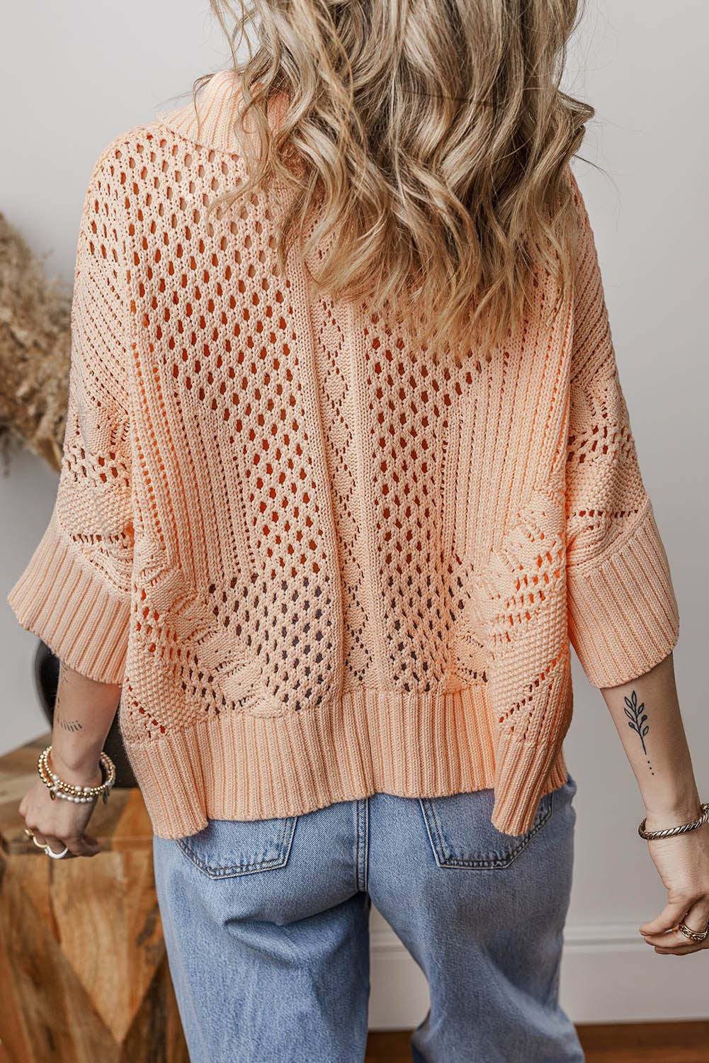 Apricot Pink Hollowed Knit 3/4 Dolman Sleeve Buttoned Collared Sweater eAura