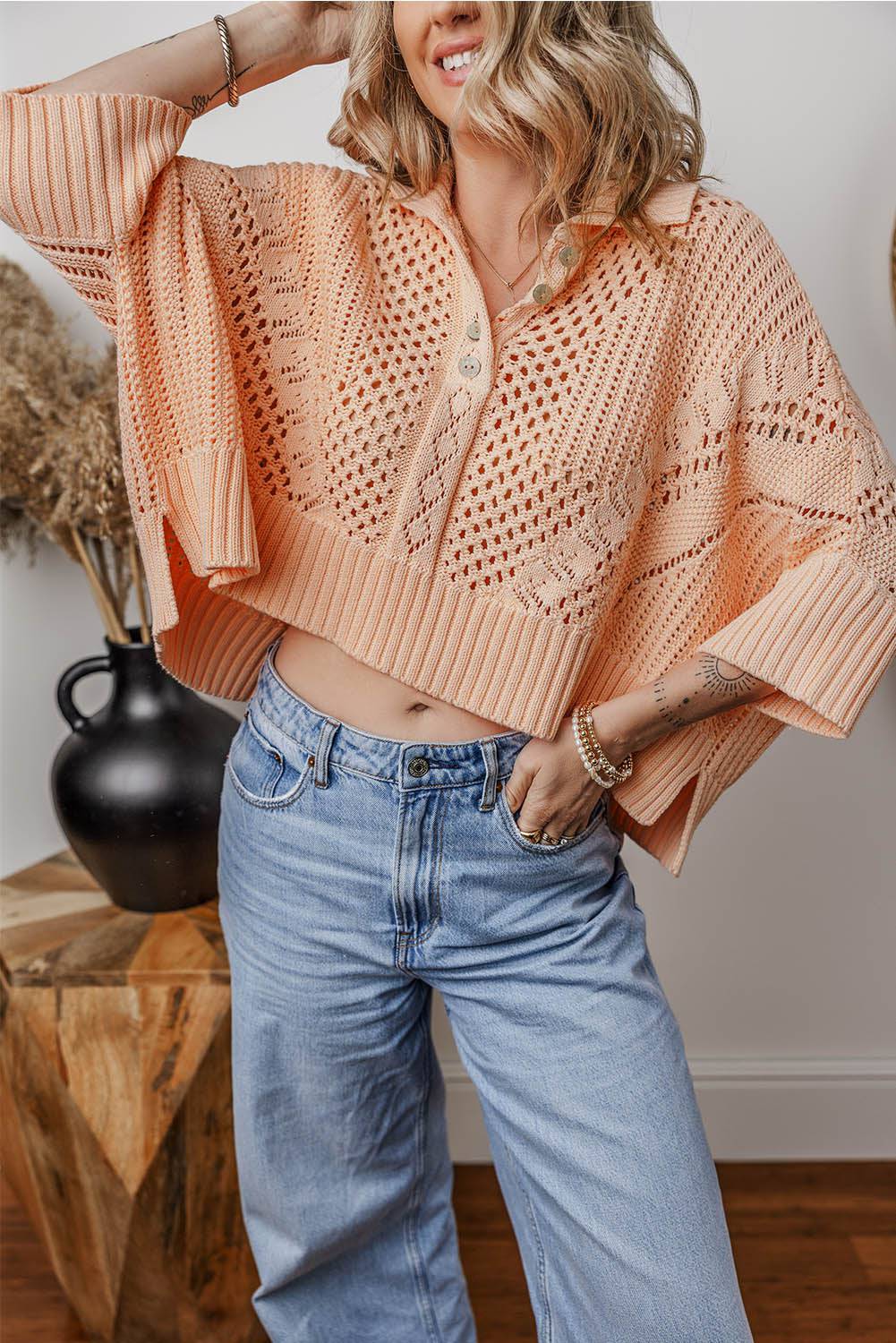Apricot Pink Hollowed Knit 3/4 Dolman Sleeve Buttoned Collared Sweater eAura