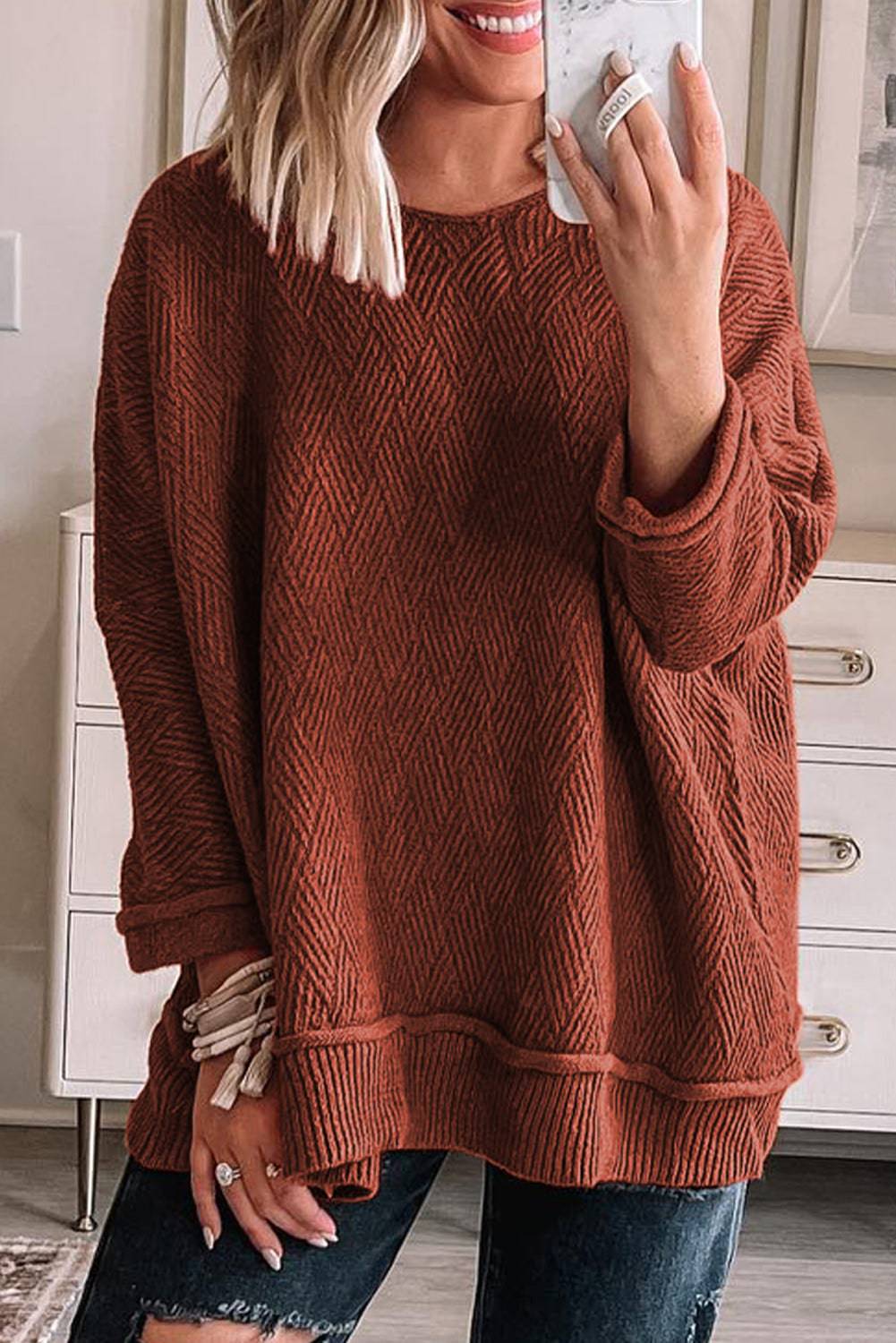 Gold Flame Solid Colour Textured Crew Neck Loose Sweater eAura