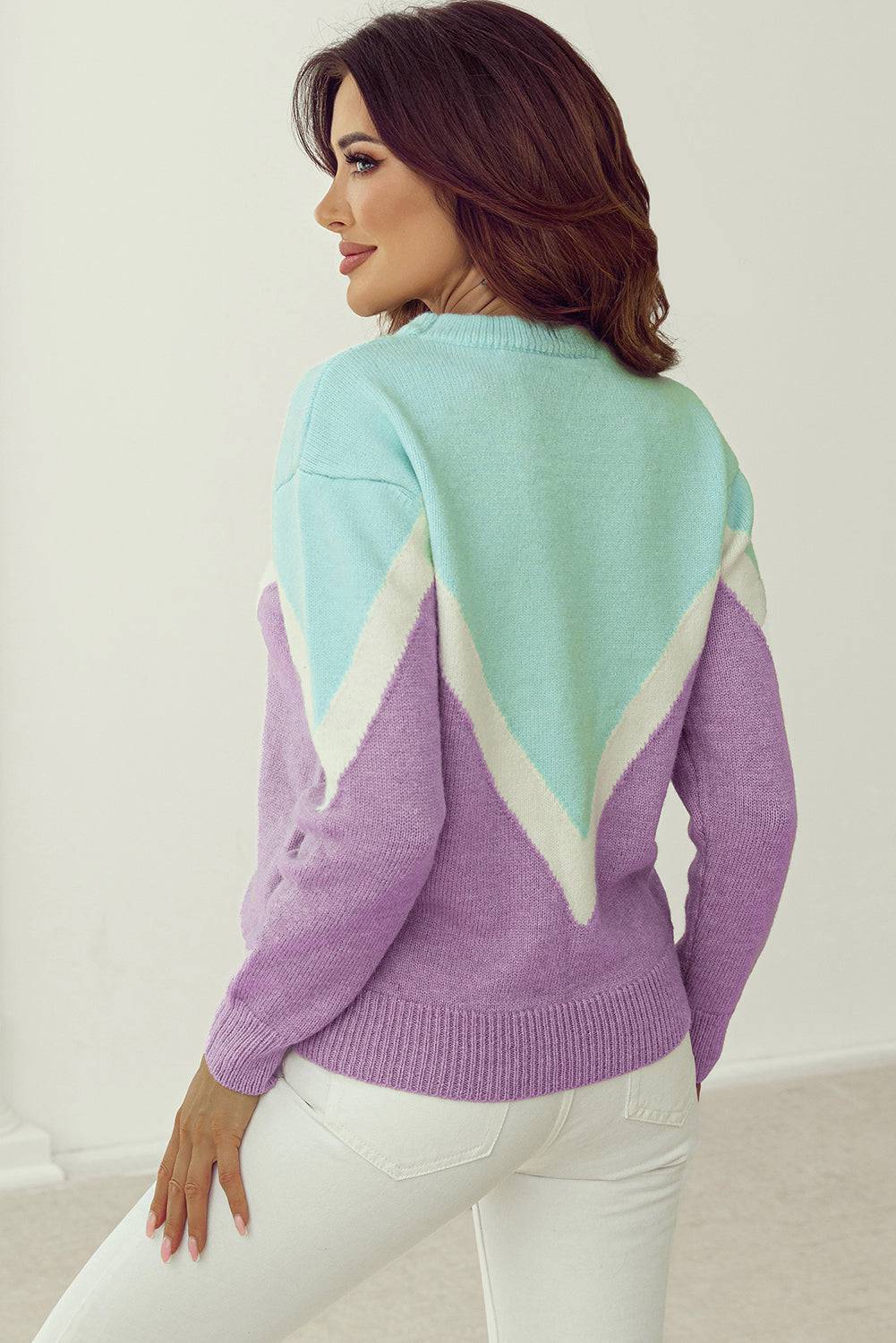 Green Chevron Colourblock Ribbed Knit Drop Shoulder Sweater eAura