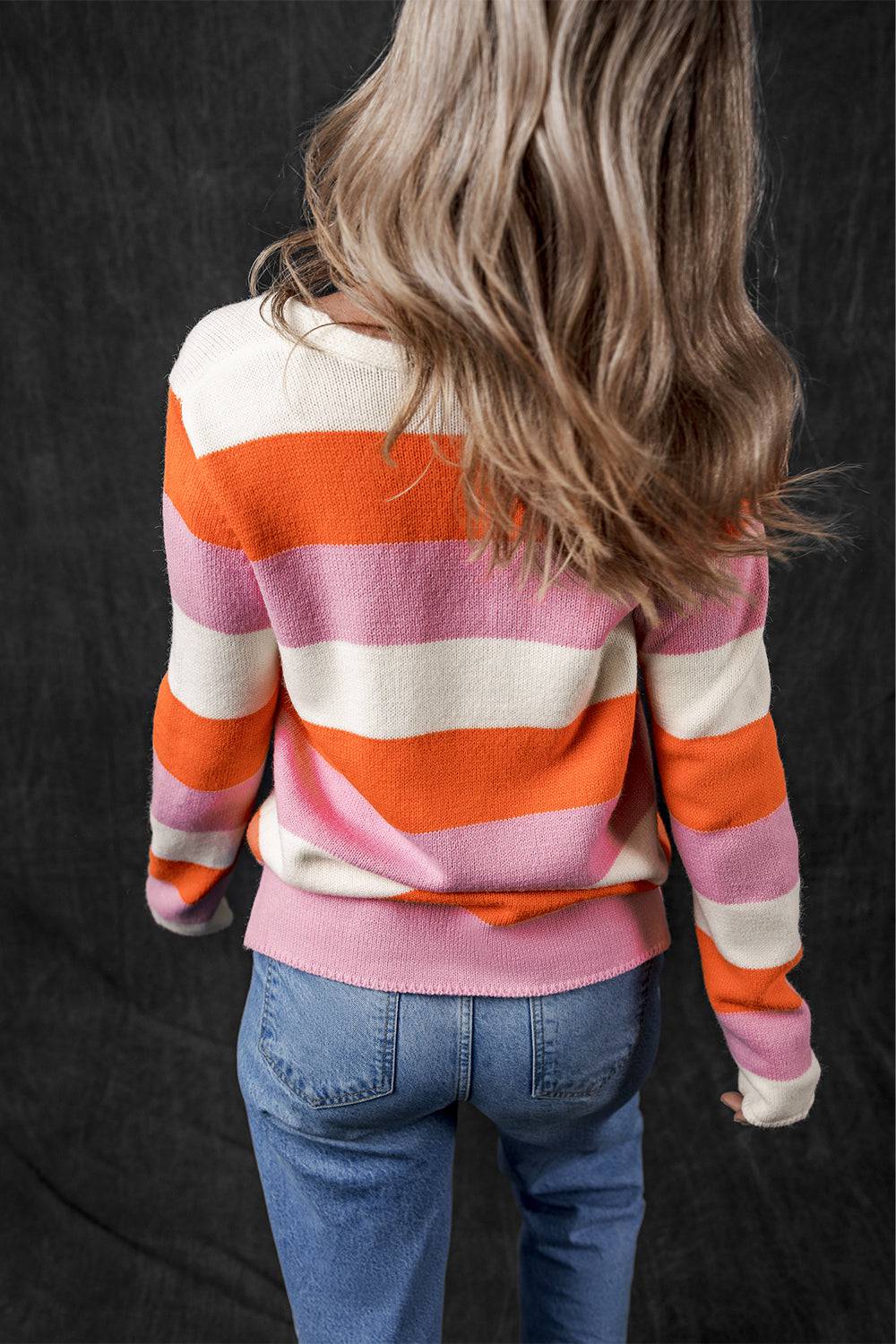 Orange Stripe Colourblock V Neck Casual Sweater eAura