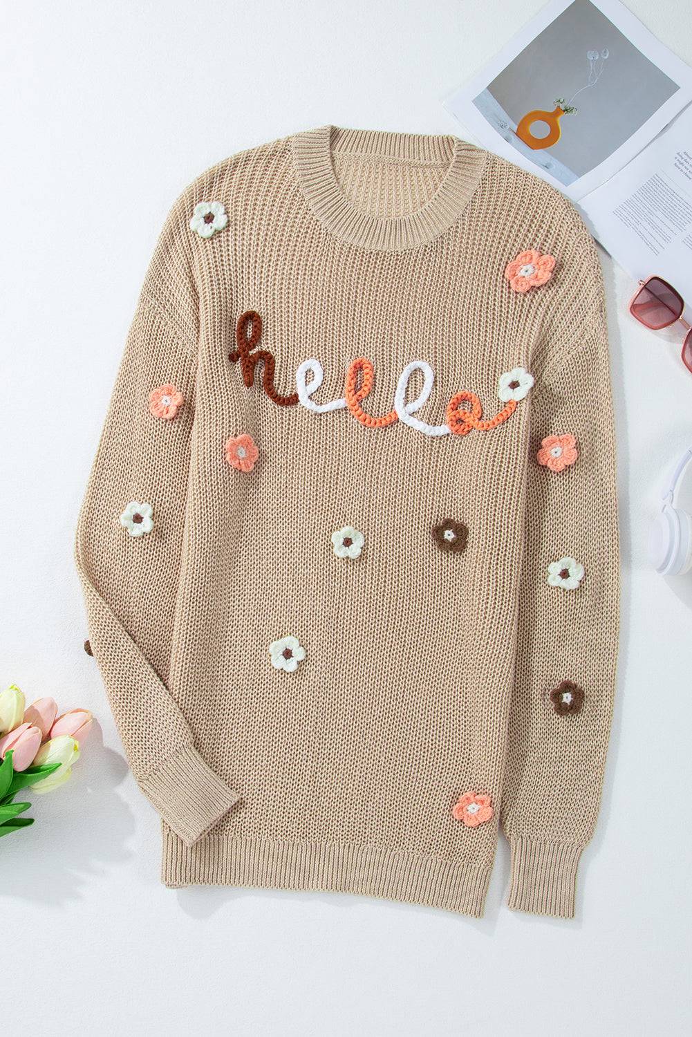 Parchment Hello Floral Embroidered Knit Loose Sweater eAura