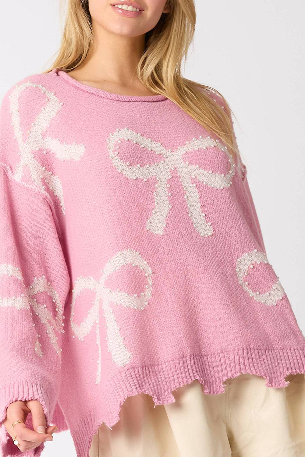 Pink Pearl Beaded Bowknot Pattern Distressed Split Hem Sweater eAura
