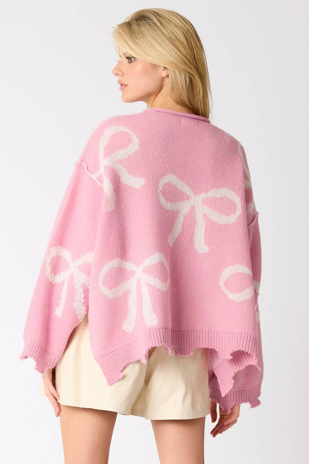 Pink Pearl Beaded Bowknot Pattern Distressed Split Hem Sweater eAura