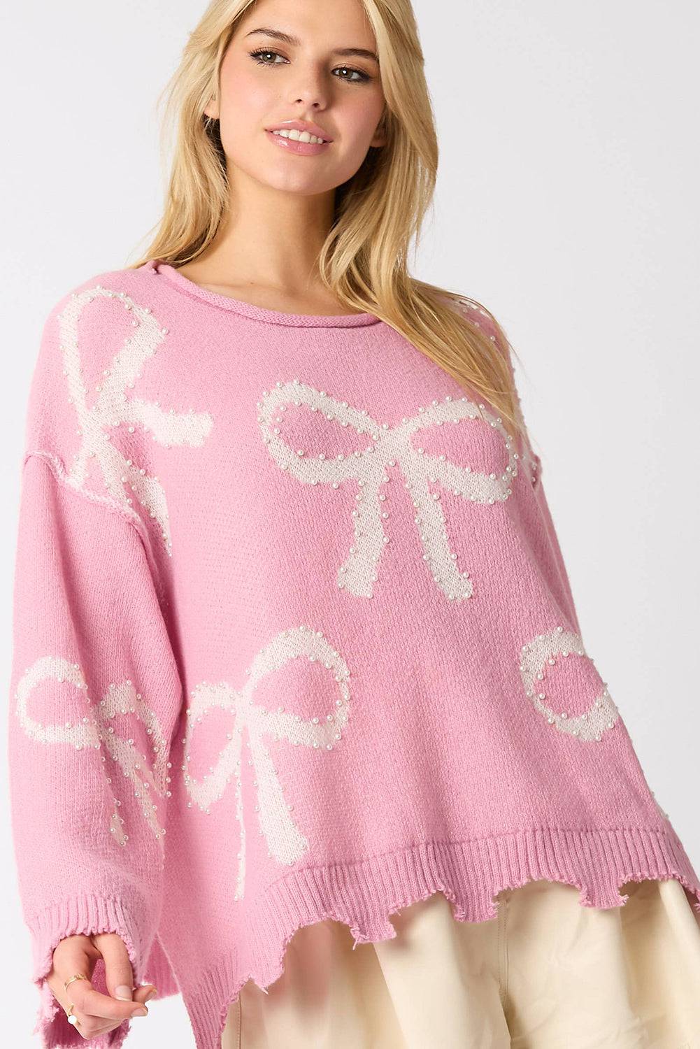 Pink Pearl Beaded Bowknot Pattern Distressed Split Hem Sweater eAura