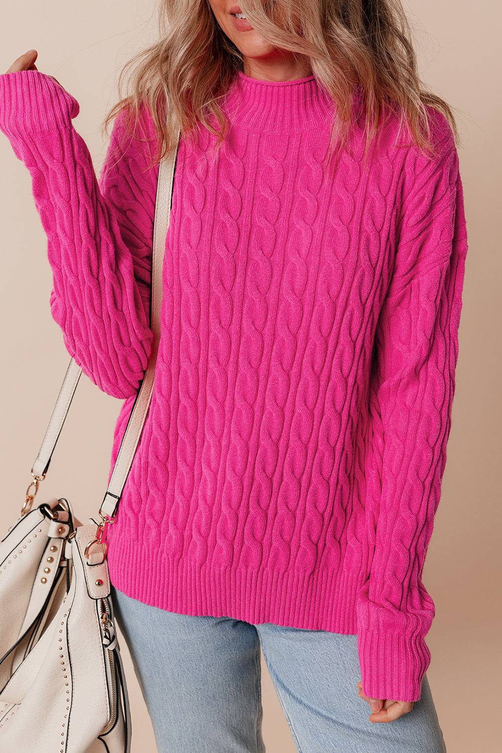 Rose Red Solid Cable Knit High Neck Drop Shoulder Sweater eAura