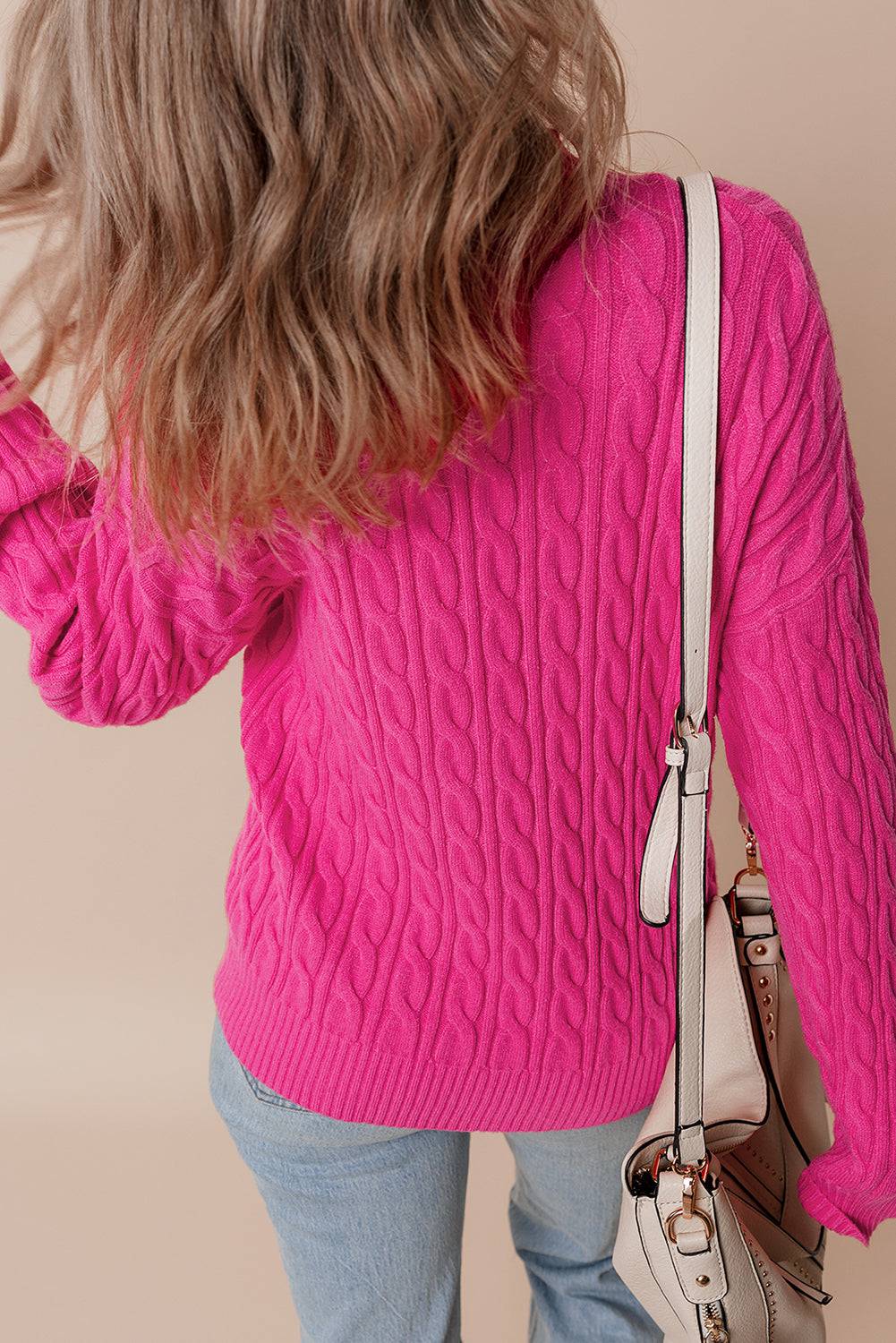 Rose Red Solid Cable Knit High Neck Drop Shoulder Sweater eAura