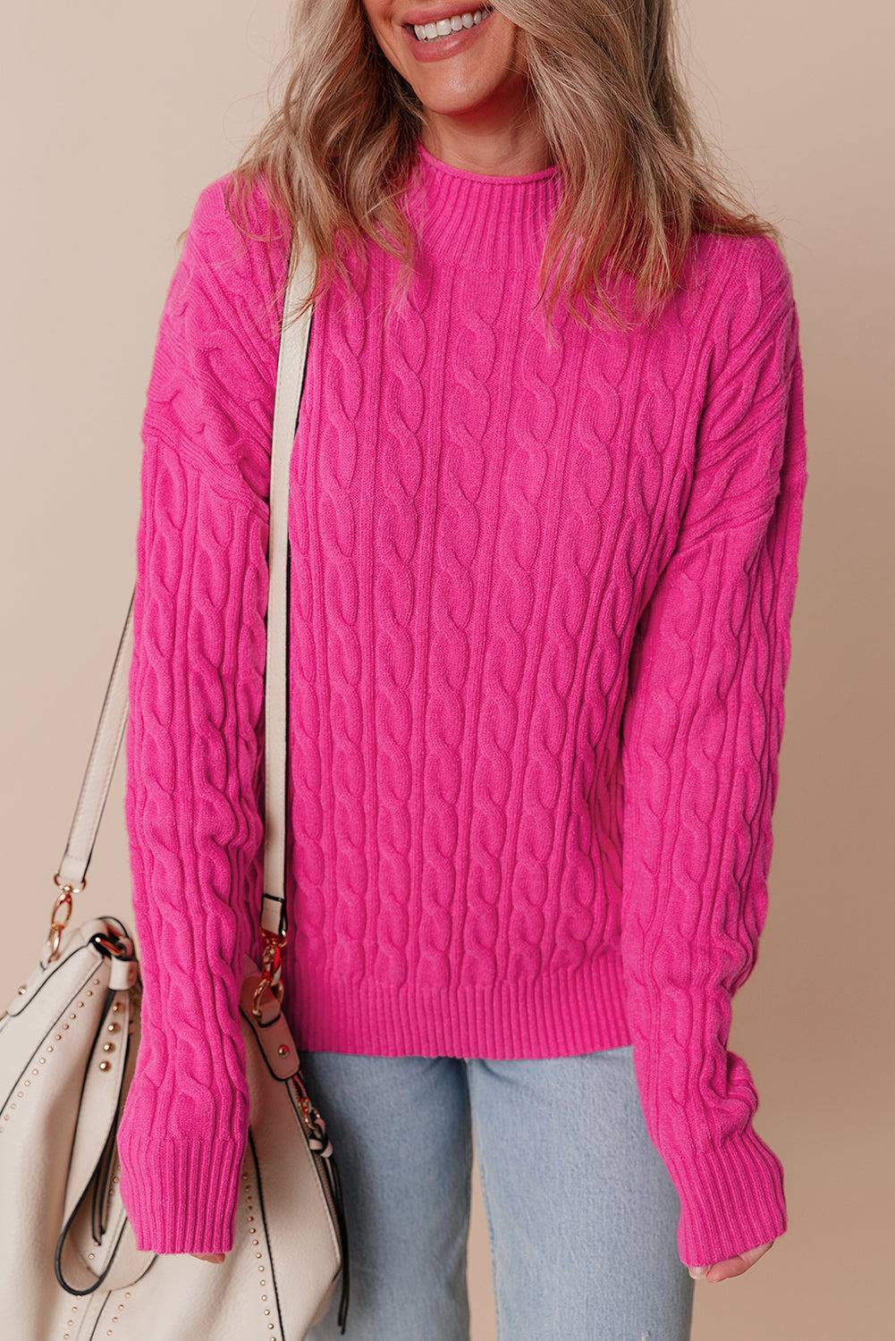Rose Red Solid Cable Knit High Neck Drop Shoulder Sweater eAura