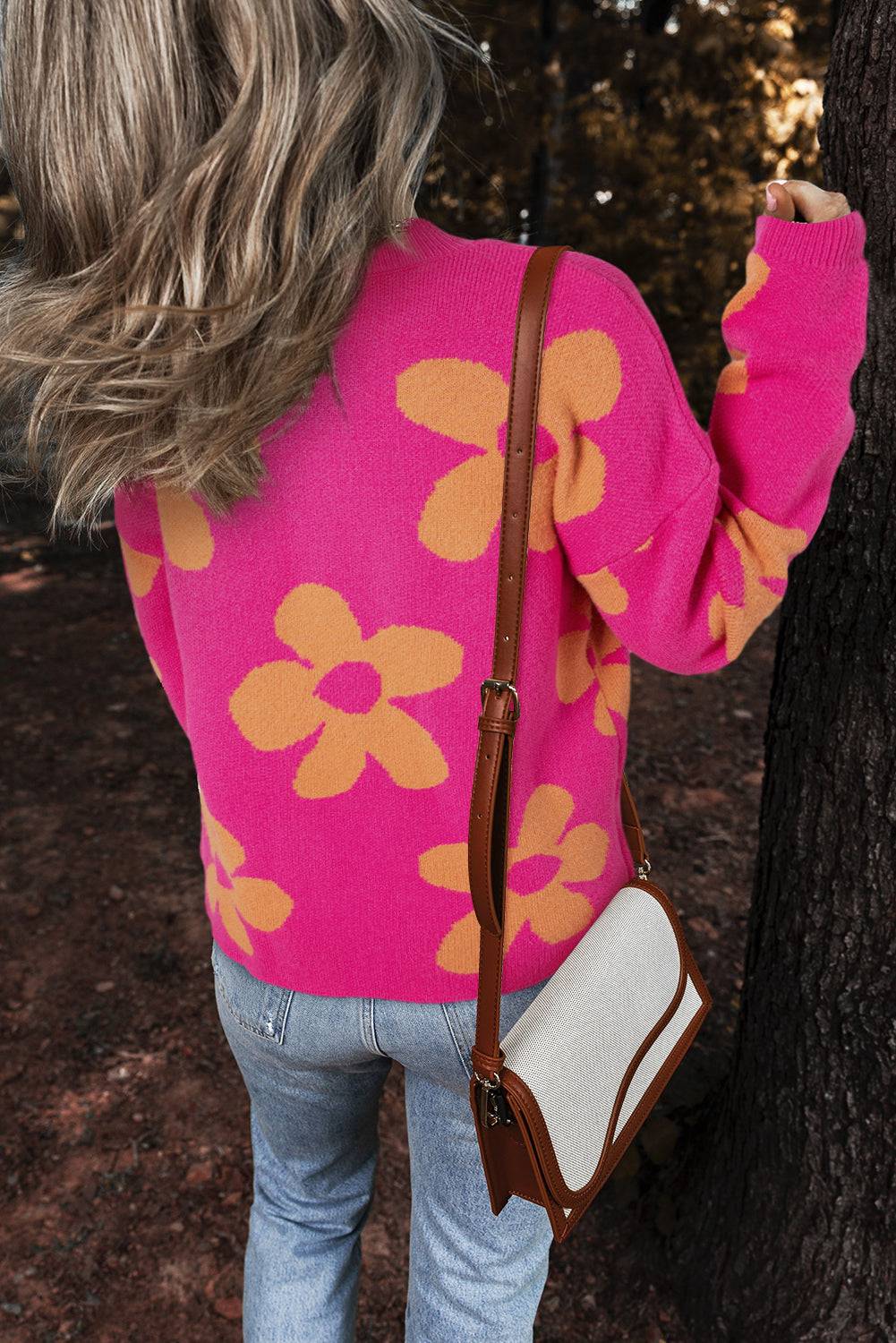 Rose Big Flower Pattern Mock Neck Long Sleeve Sweater eAura