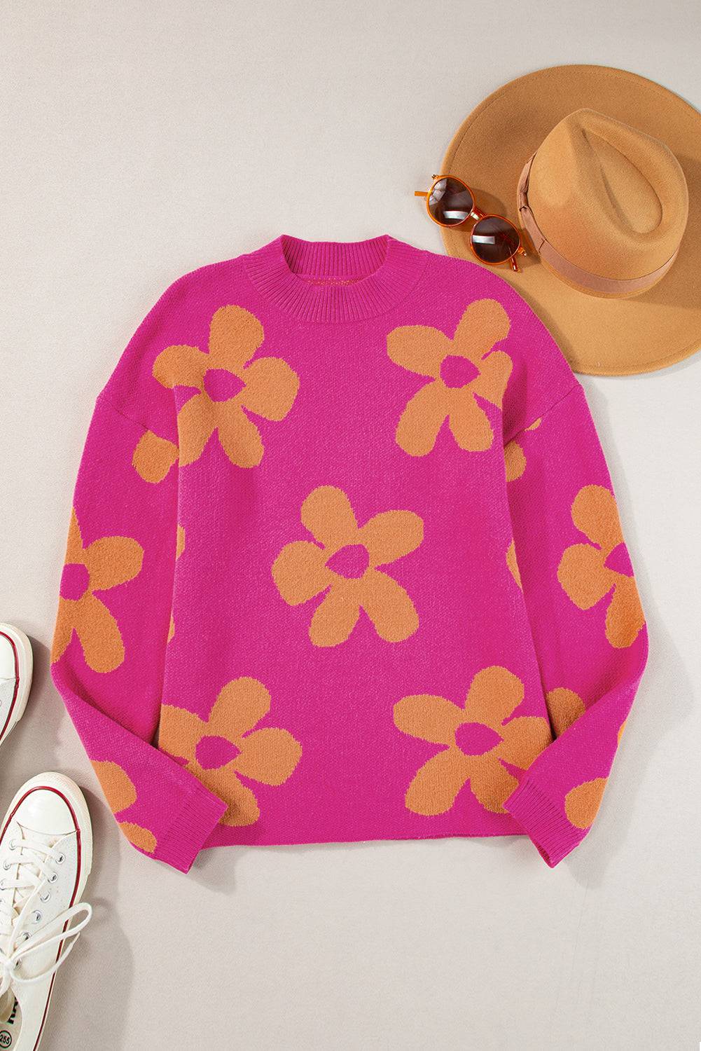 Rose Big Flower Pattern Mock Neck Long Sleeve Sweater eAura