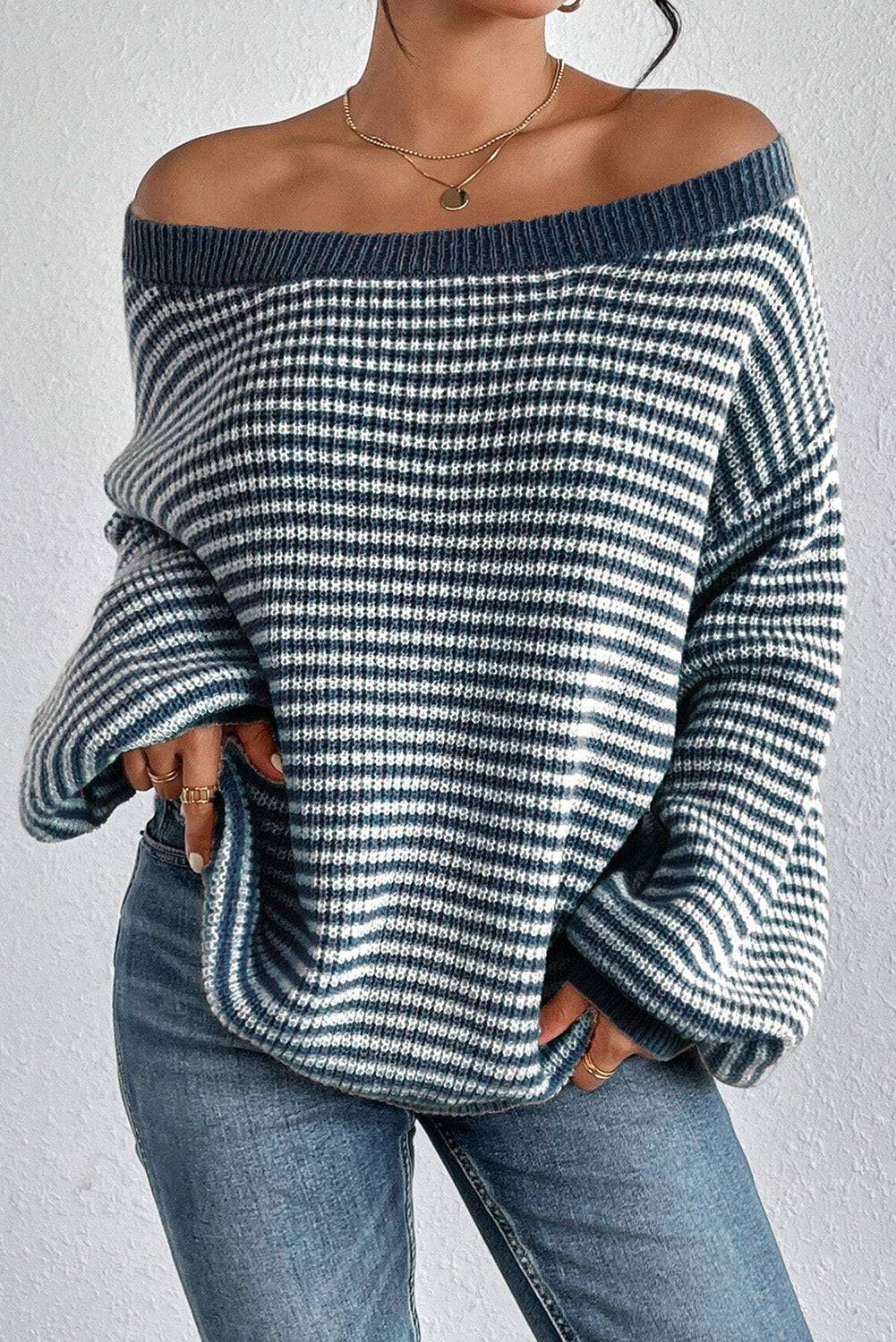 Sail Blue Striped Lantern Sleeve Drop Shoulder Cozy Sweater eAura
