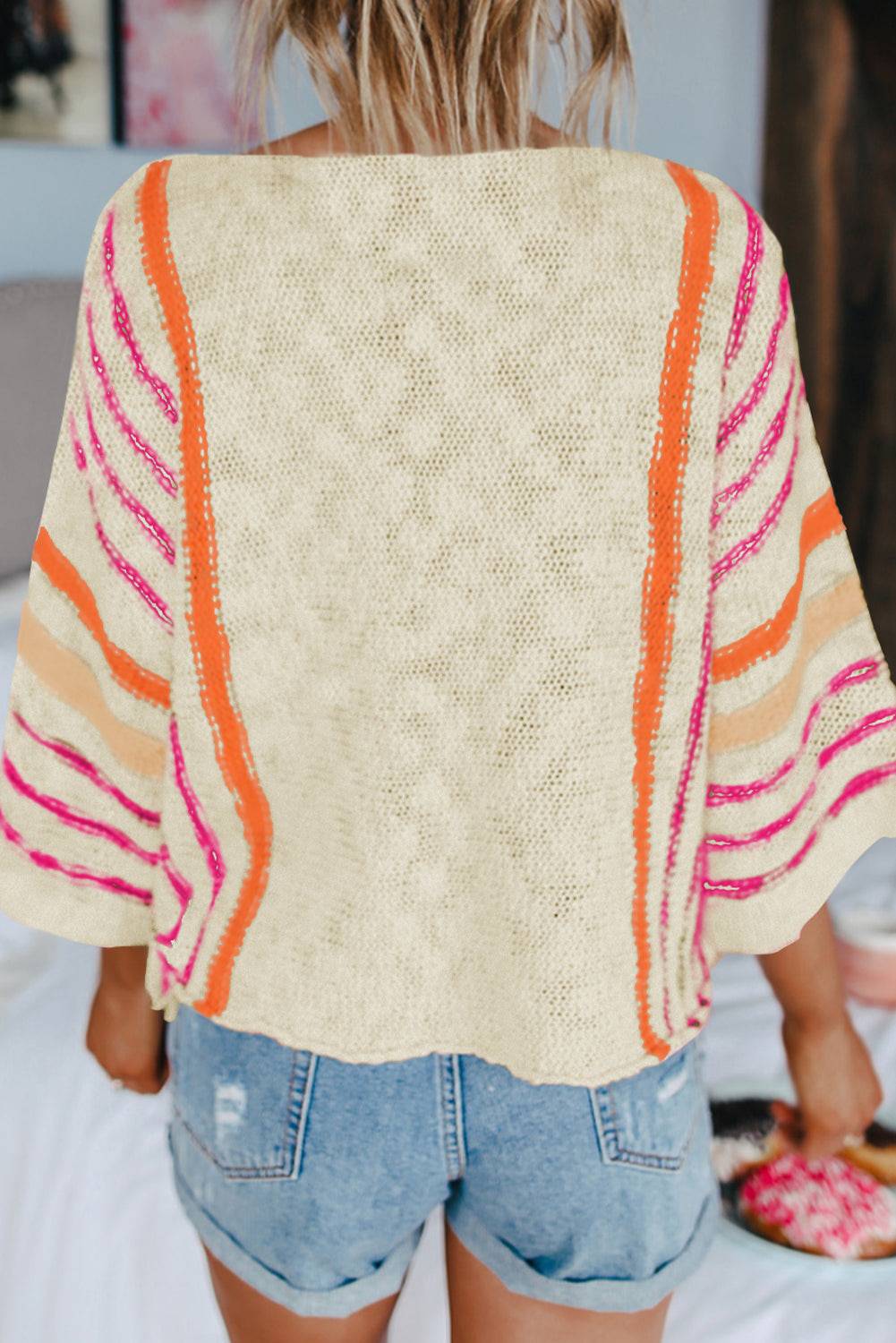 White Striped Detail Wide Sleeve Lightweight Knitted Sweater eAura