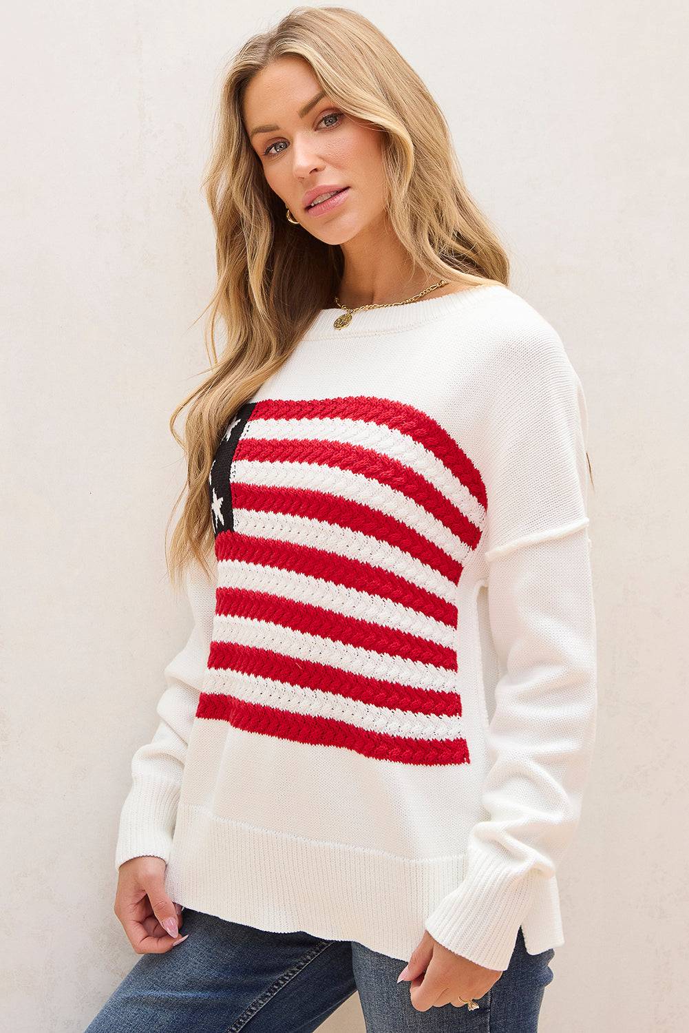 White American Flag Cable Knit Drop Shoulder Sweater eAura
