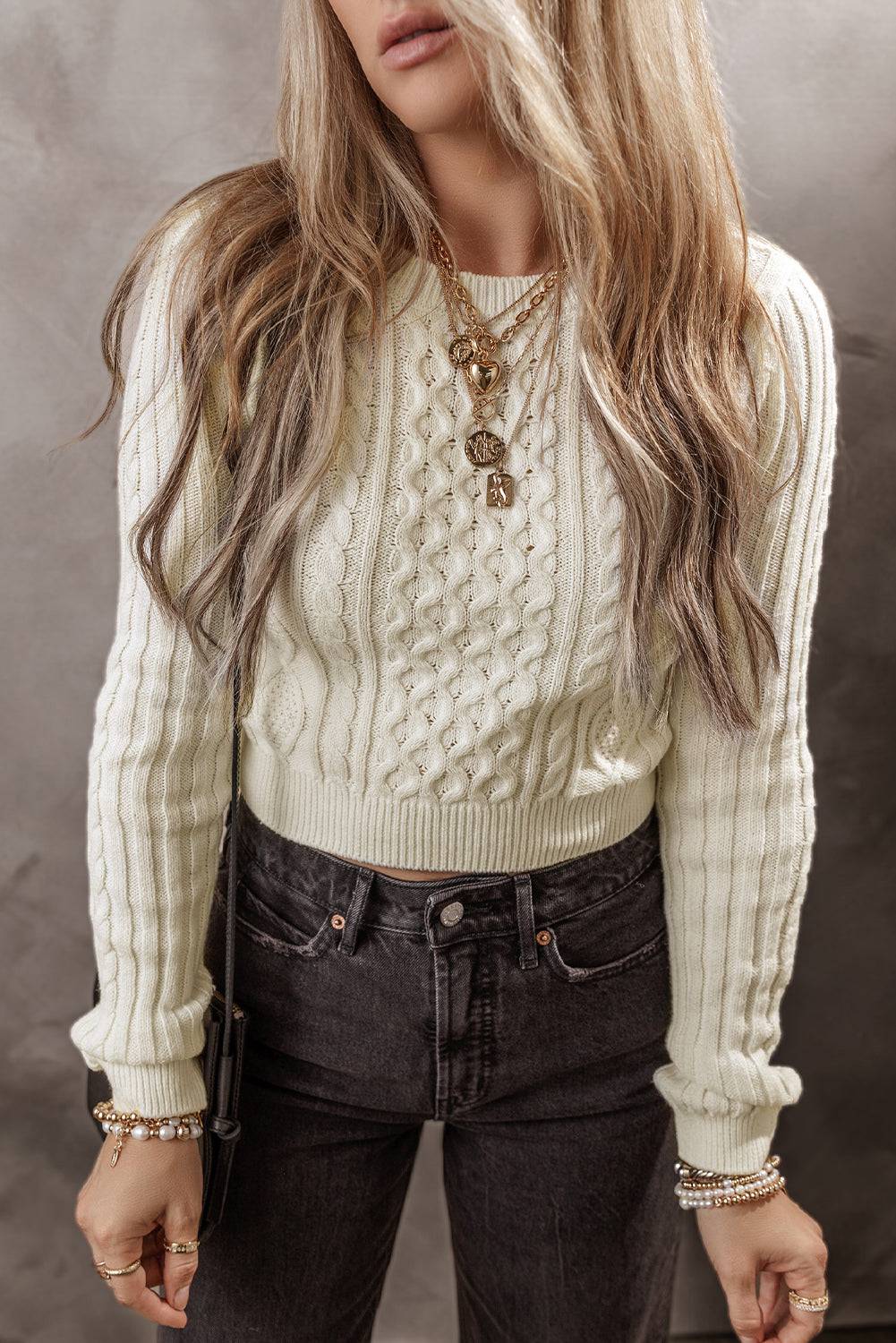 White Cable Knit Cropped Sweater eAura