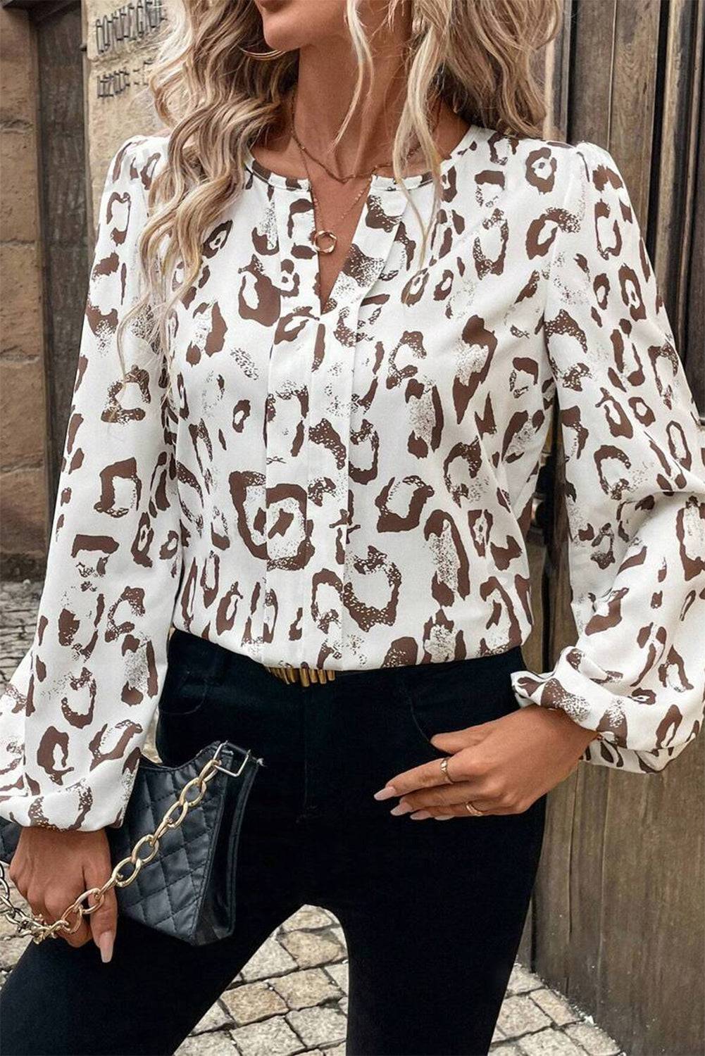 Khaki Leopard Print Split Neck Balloon Sleeve Blouse eAura