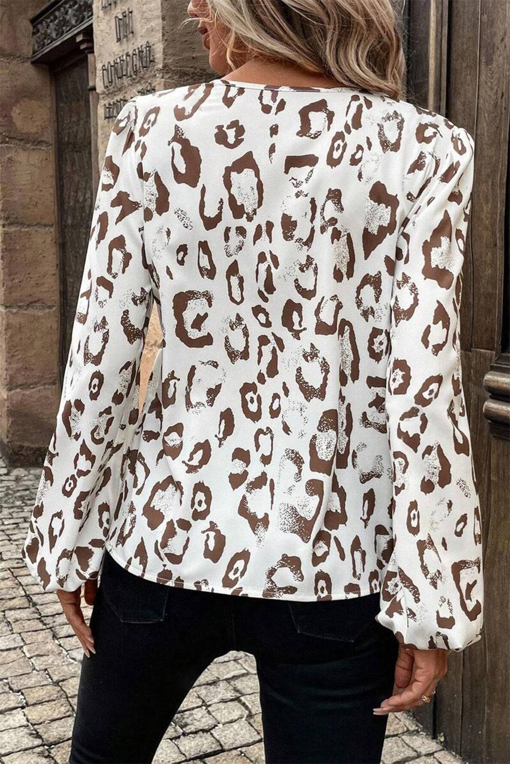 Khaki Leopard Print Split Neck Balloon Sleeve Blouse eAura