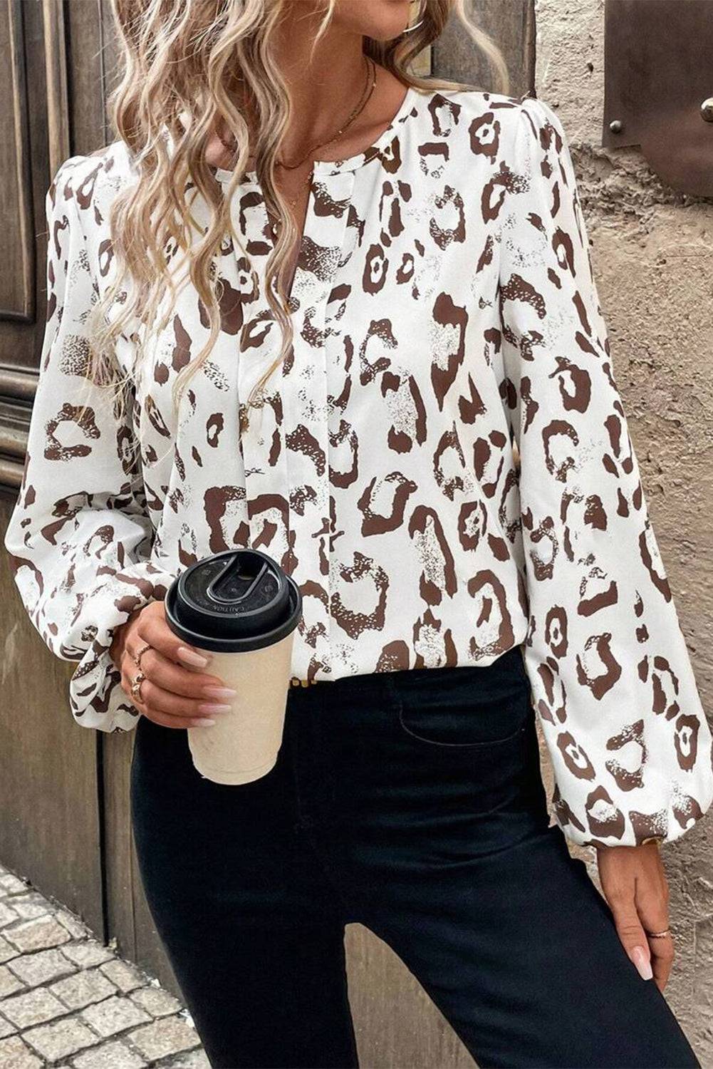 Khaki Leopard Print Split Neck Balloon Sleeve Blouse eAura
