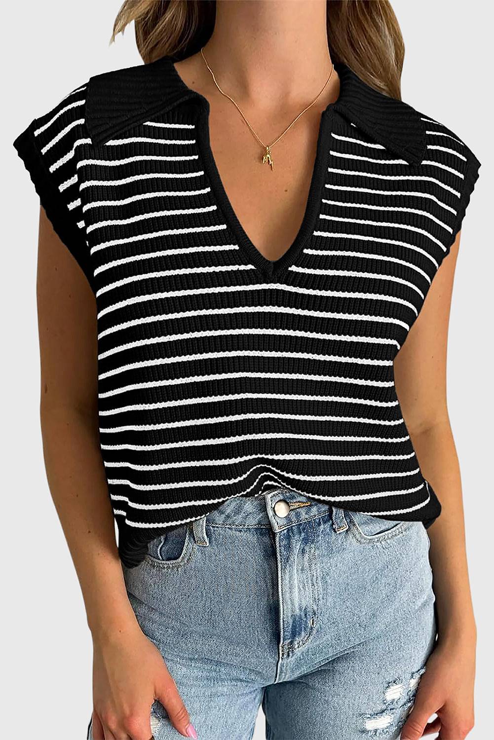 Beige Stripe Turn-down V Neck Sweater Tank Top BB Fashion Outlet