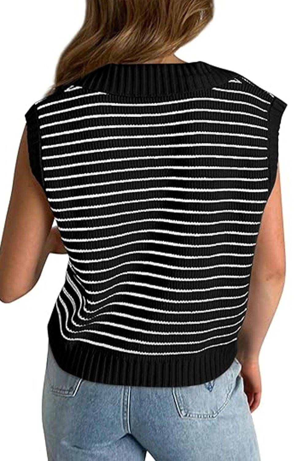 Beige Stripe Turn-down V Neck Sweater Tank Top BB Fashion Outlet