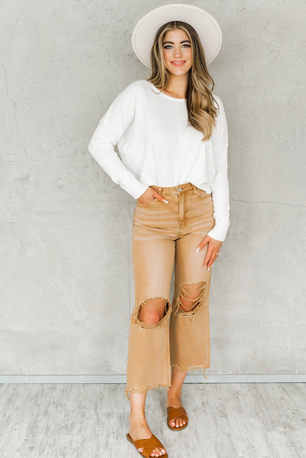 Black Distressed Hollow-out High Waist Cropped Flare Jeans Beagle Boutique Fashion Outlet