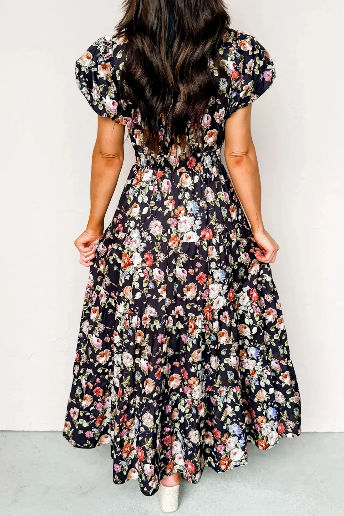 Floral Print V-Neck Pleated Tiered Maxi Dress