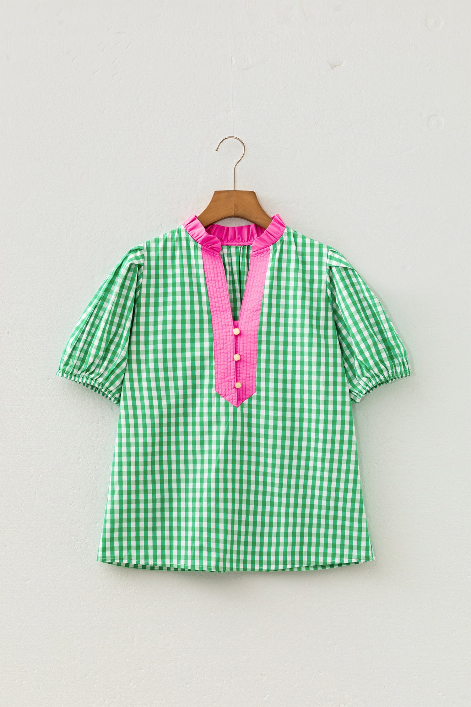 Gingham Plaid Bubble Sleeve Colorblock Trim V Neck Blouse – Green