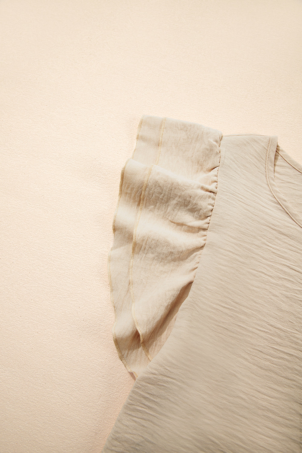 Beige Solid Colour Ruffled Short Sleeve Casual Blouse eAura
