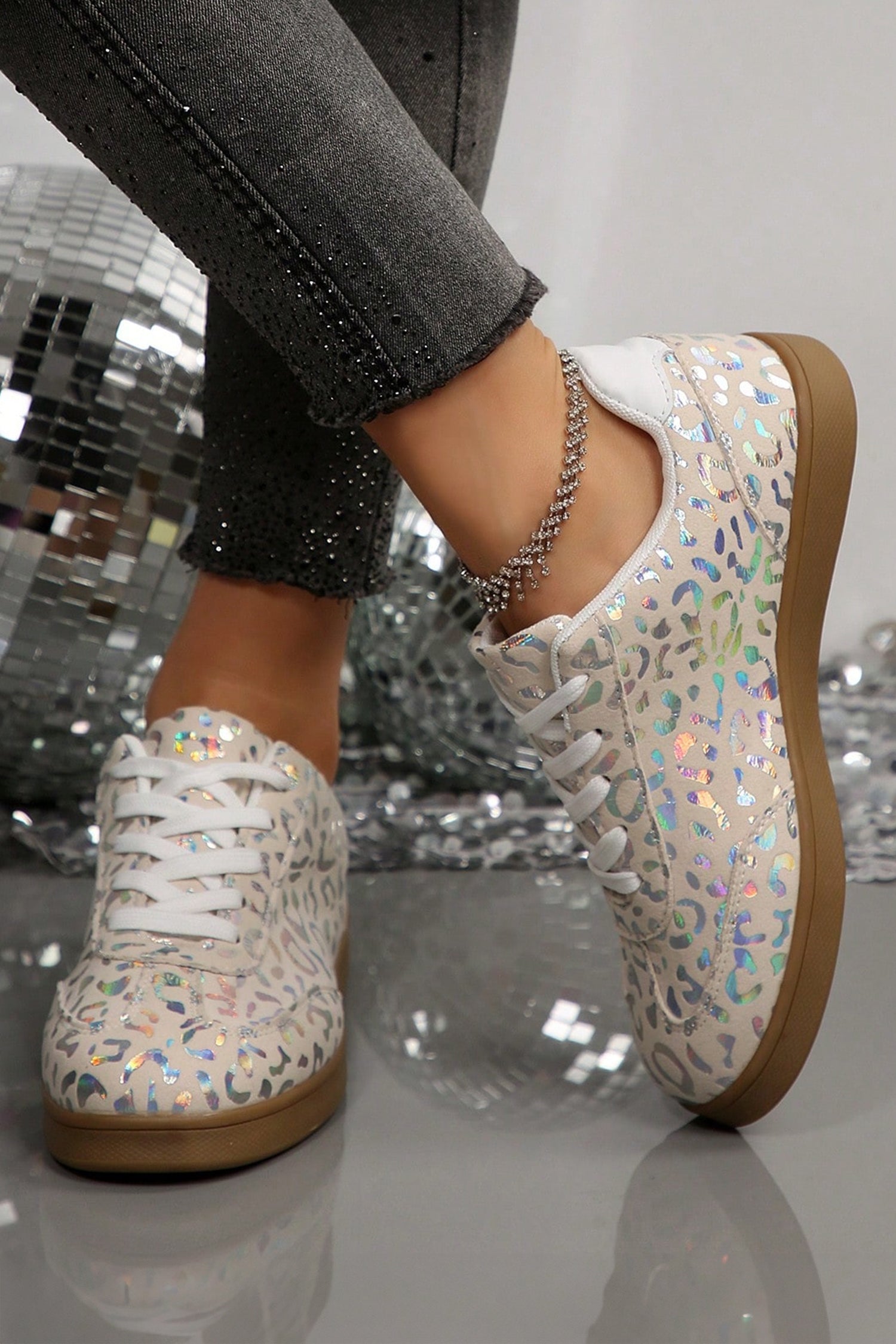 Leopard Print Lace-Up Trainers – White