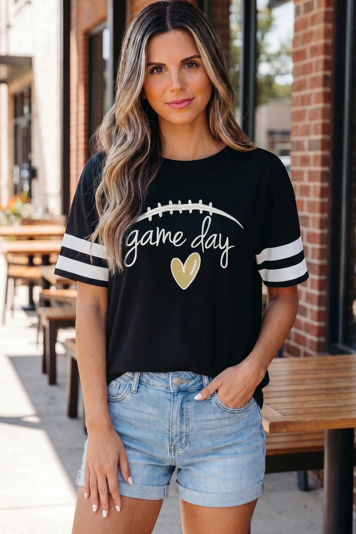 Game Day Embroidered Heart Pattern Varsity Casual T Shirt – Black