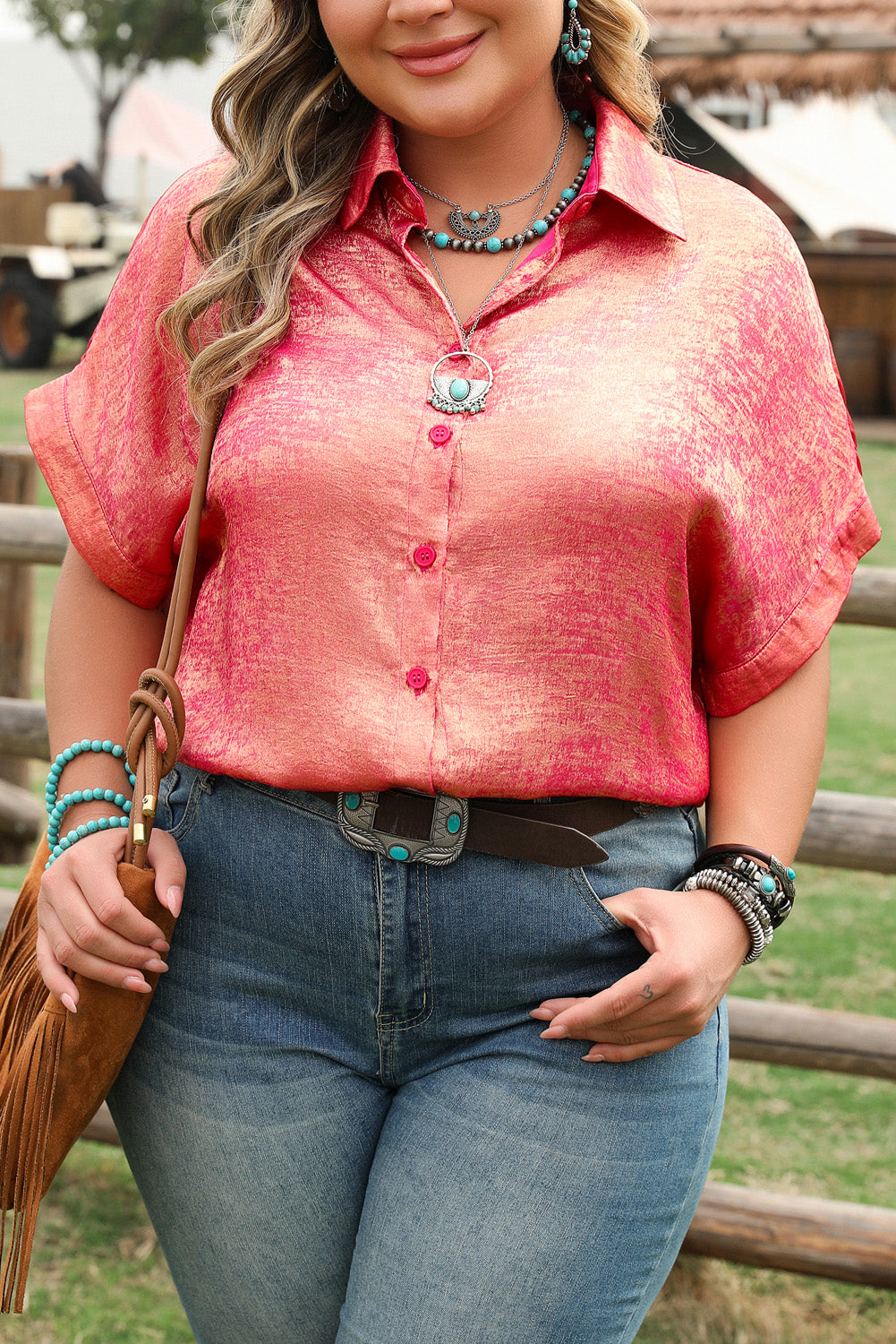 Rose Red Plus Size Metallic Sheen Short Sleeve Button Up Shirt BB Fashion Outlet