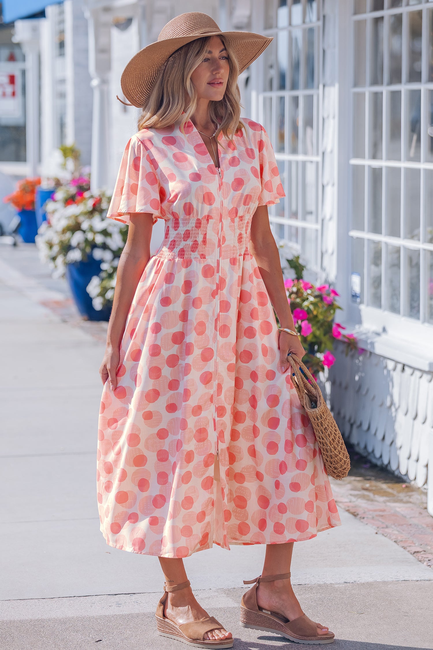 Polka Dot Ruffle Sleeve Zip-Up Maxi Dress