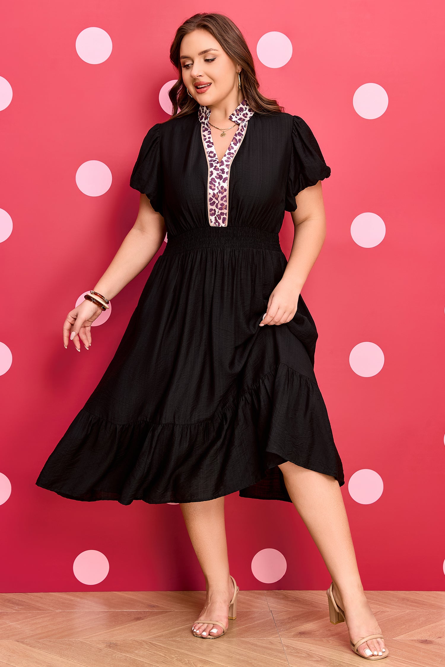 Leopard V-Neck Patchwork Smocked Waist Plus Size Ruffled Dress