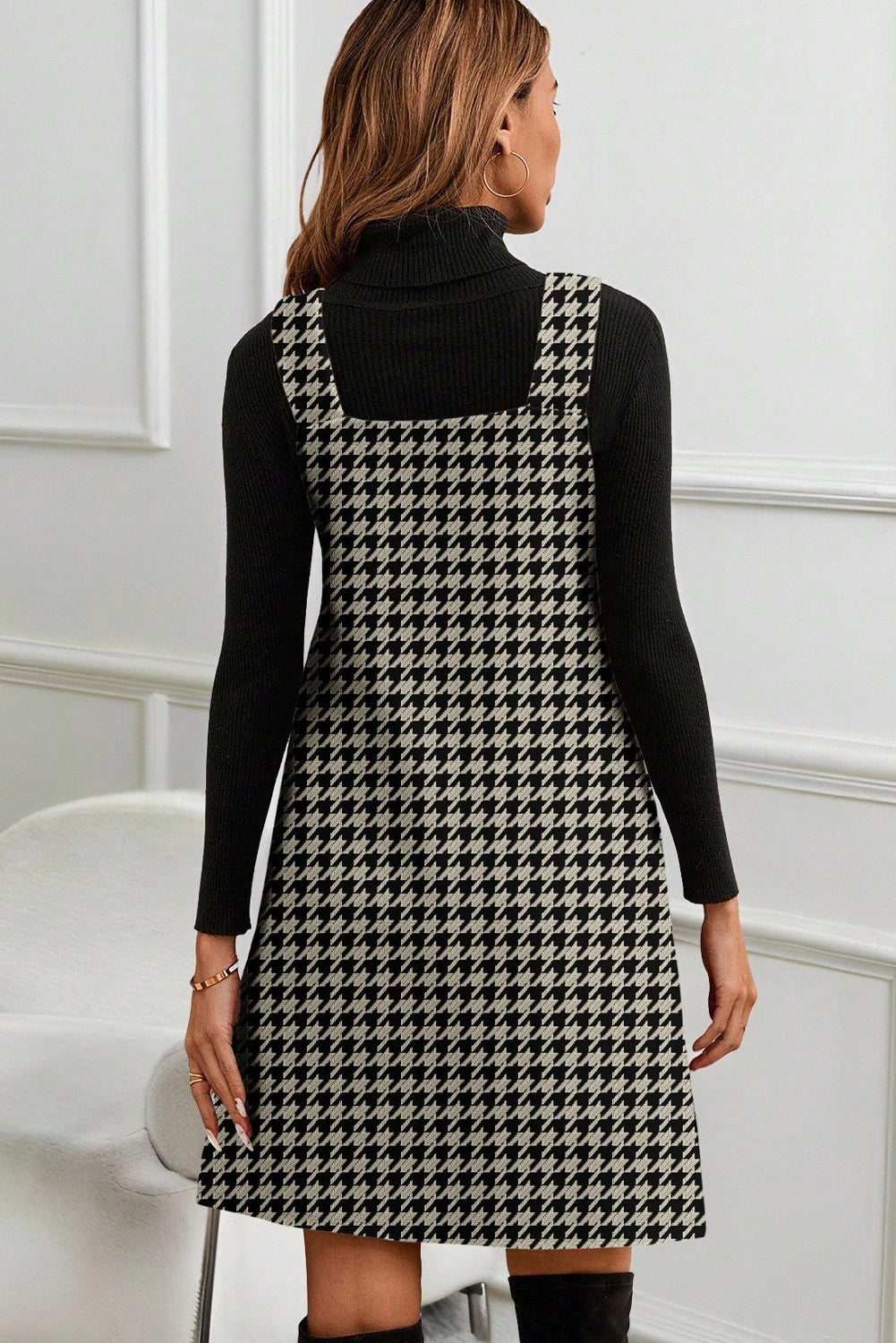 Houndstooth Print V-Neck Sleeveless Mini Dress - eAura