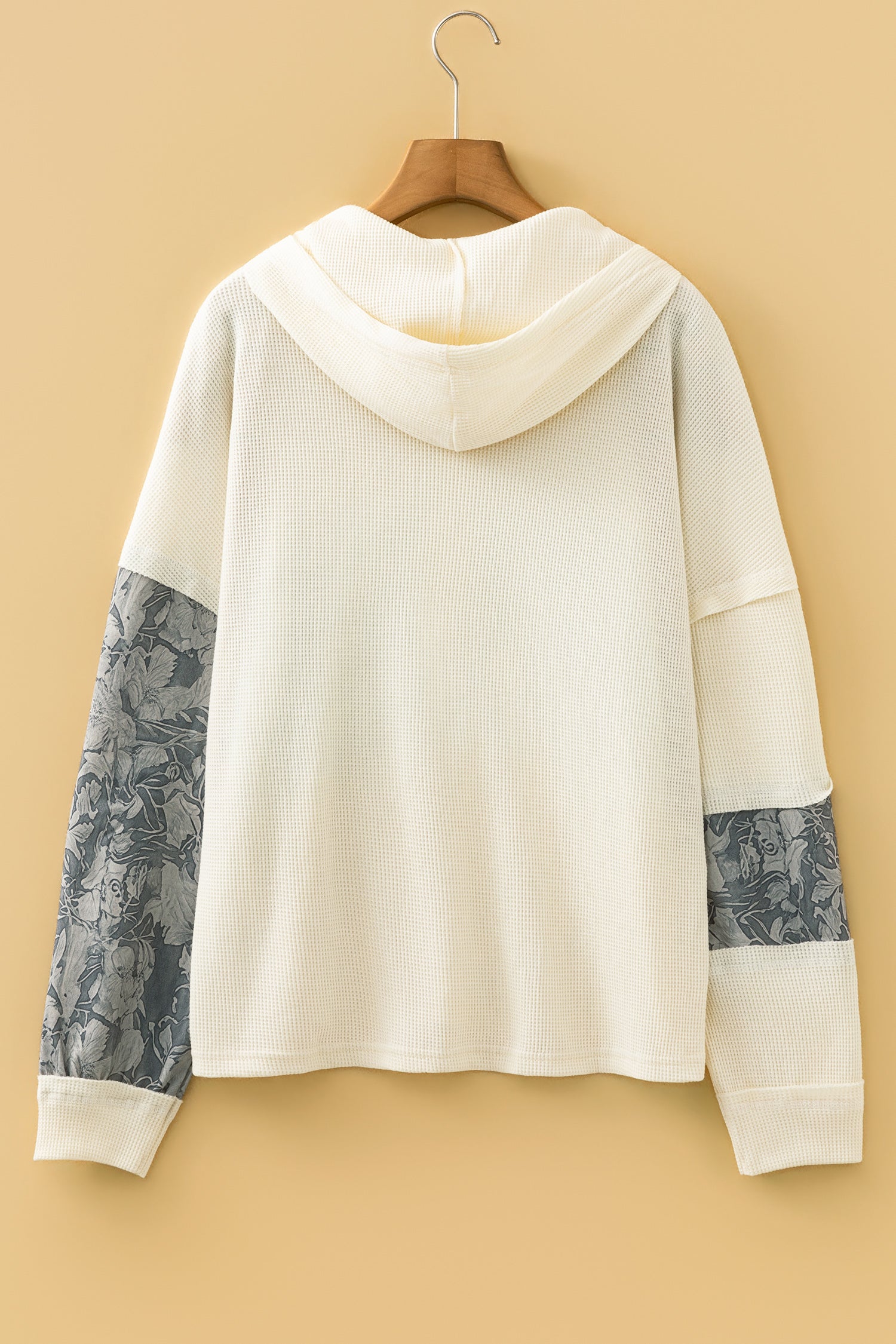 Waffle Patchwork Drawstring Hooded Long Sleeve Top