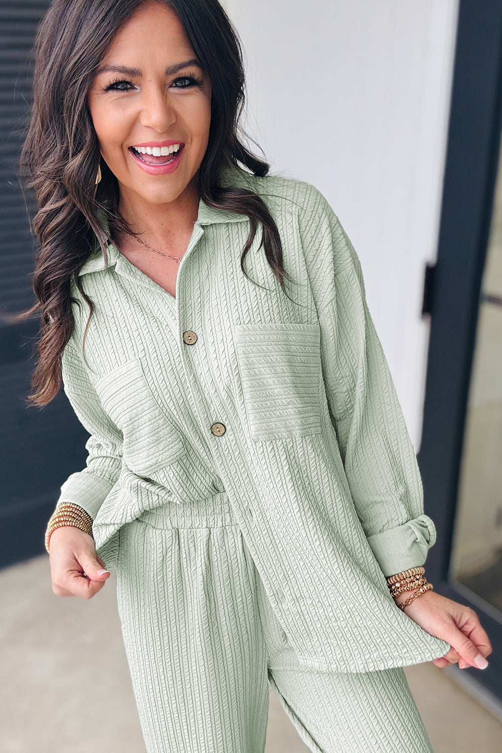Clearly Aqua Textured Patched Chest Pocket Shirt and Pants Set Dear-Lover Dropshipping