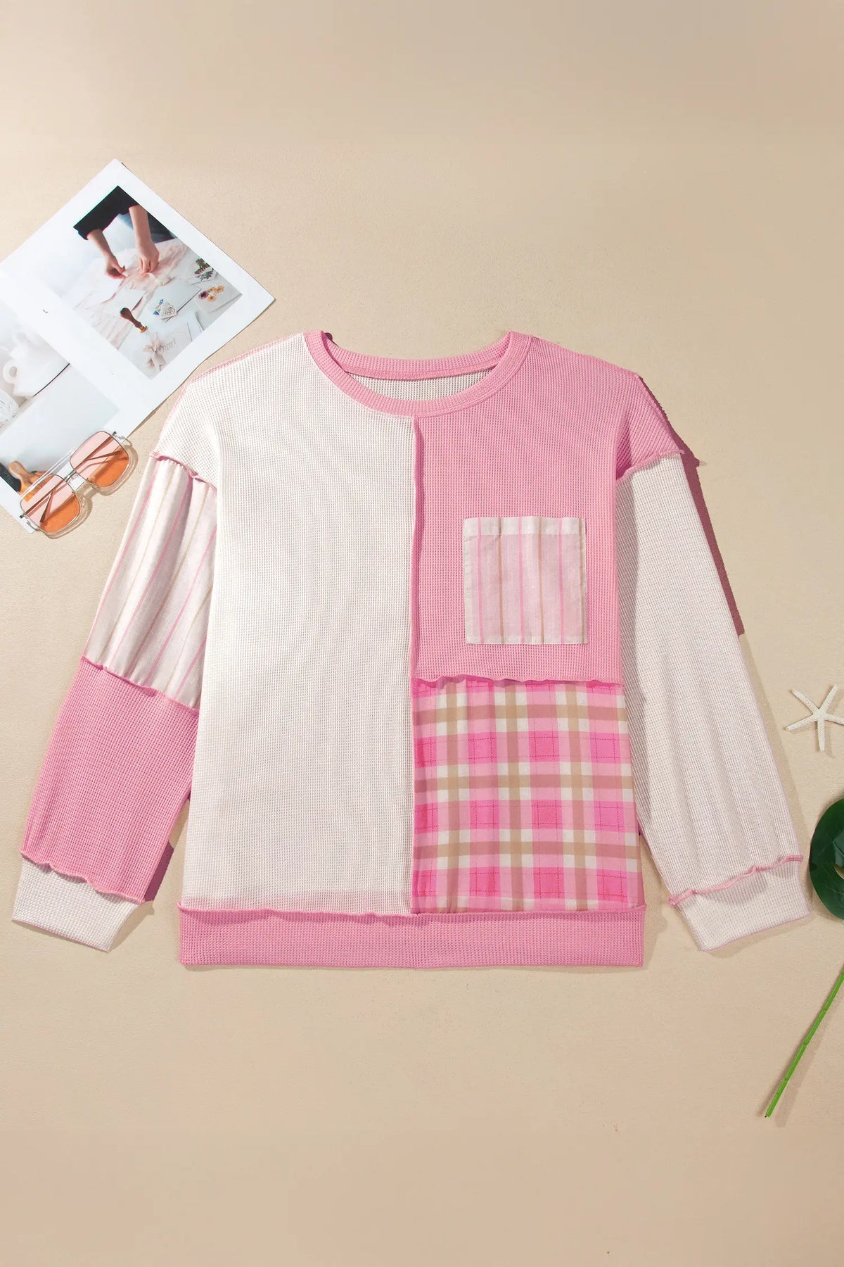 Colourblock Plaid Panel Long Sleeve Plus Size Blouse – Pink