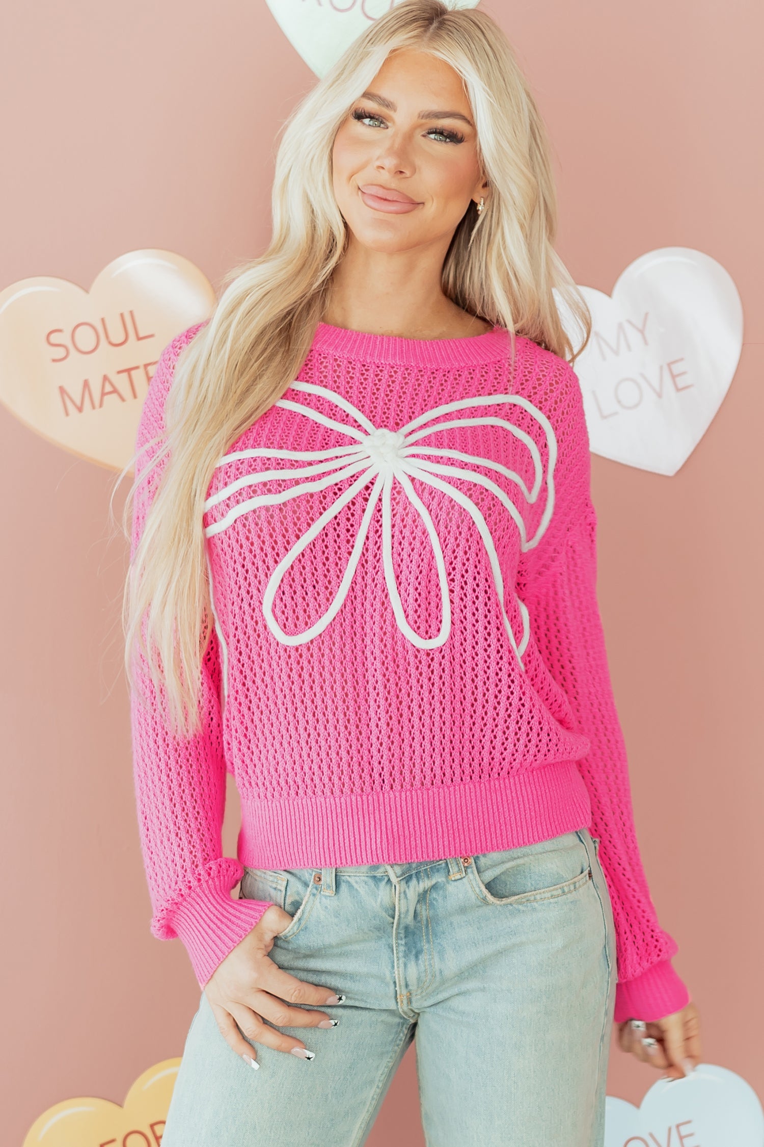 Sachet Pink Sweet Bow Decor Hollow Out Knit Drop Shoulder Sweater - eAura