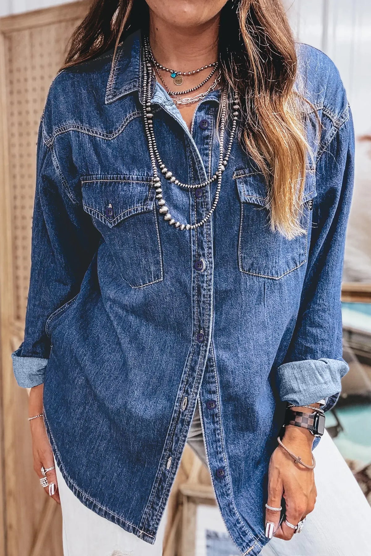 Western Patch Pockets Tunic Length Long Sleeve Denim Shirt – Sail Blue