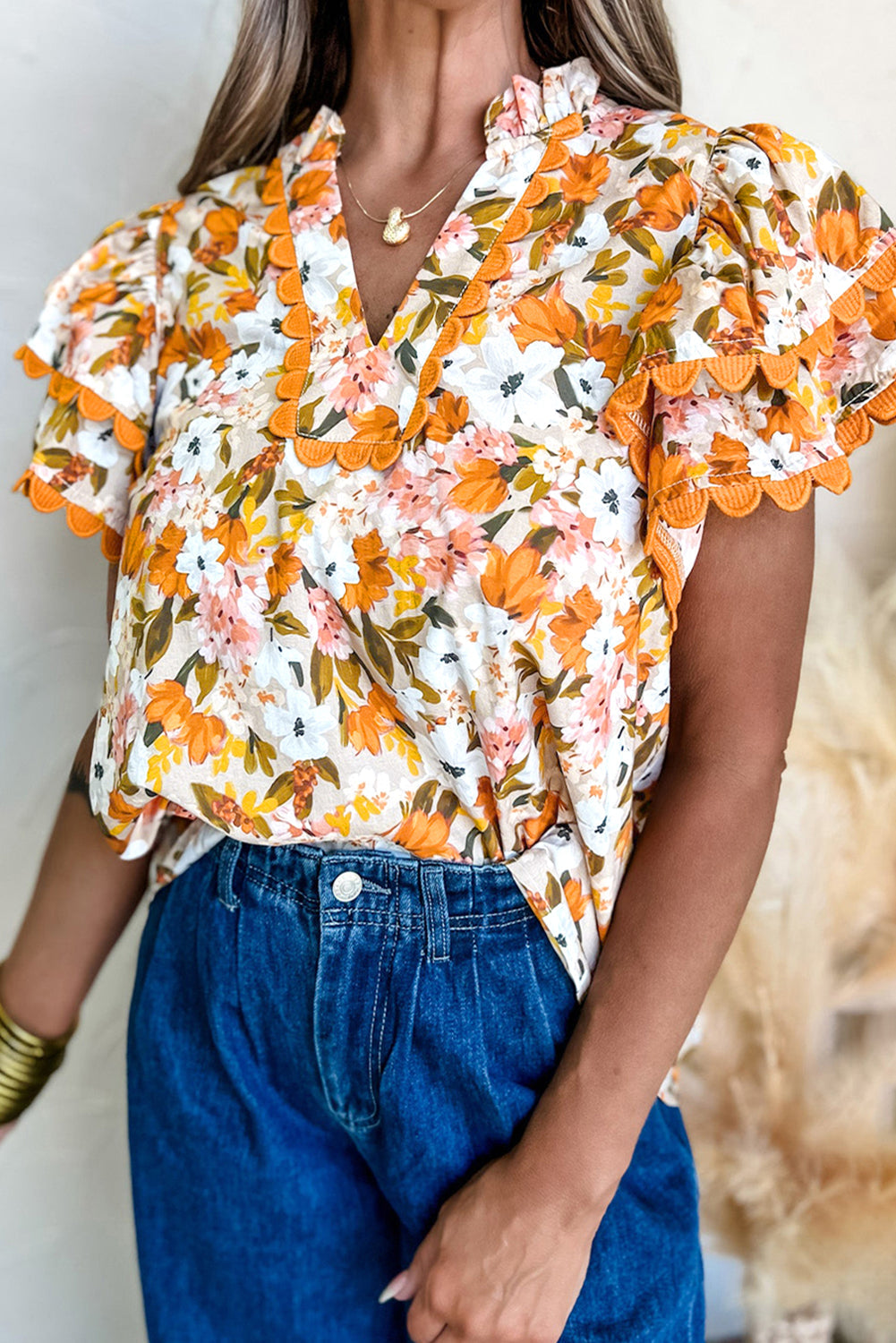 Russet Orange Ruffled V Neck Scalloped Short Sleeve Floral Blouse eAura
