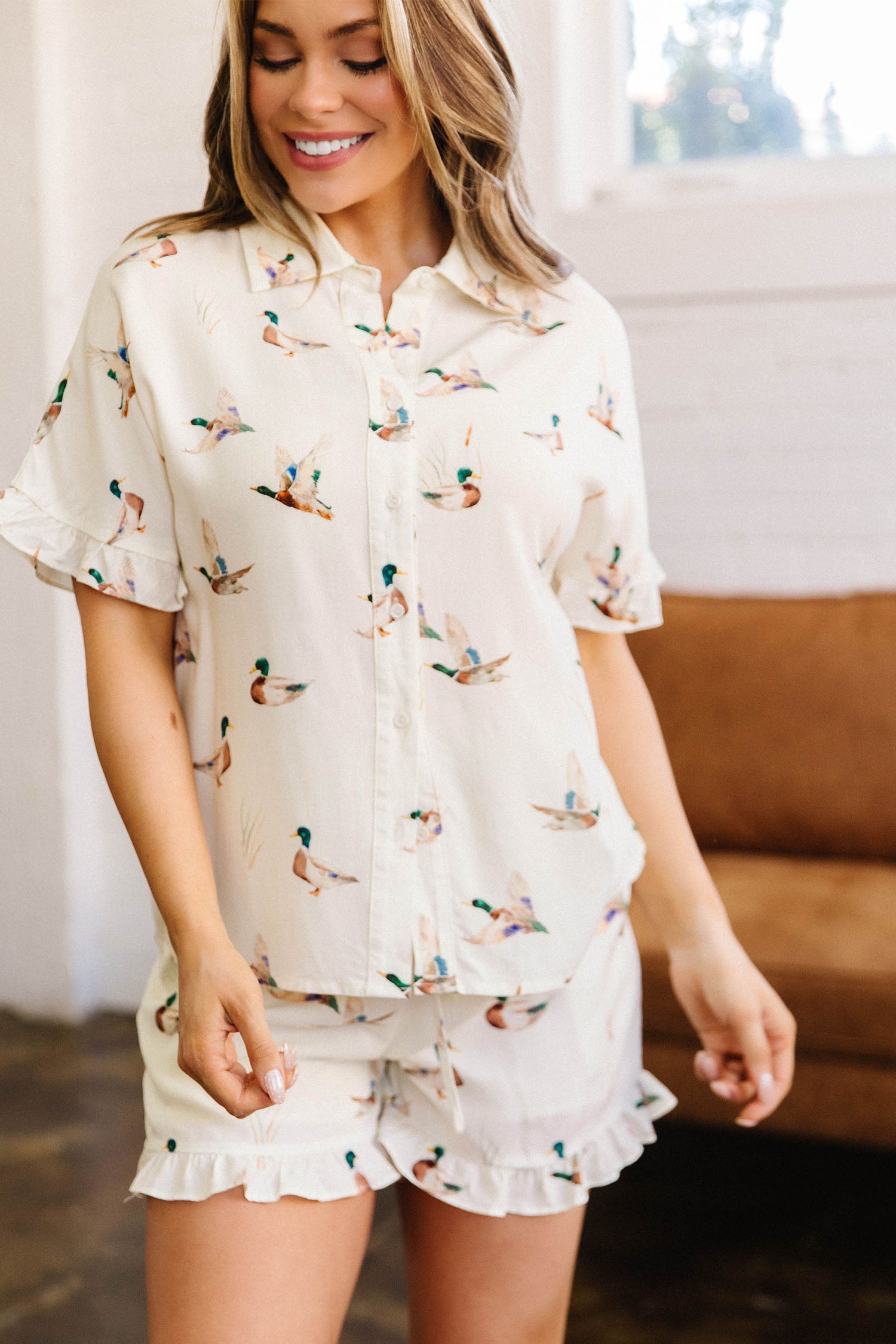 Beige Mallard Print Shirt & Shorts Two Piece Set