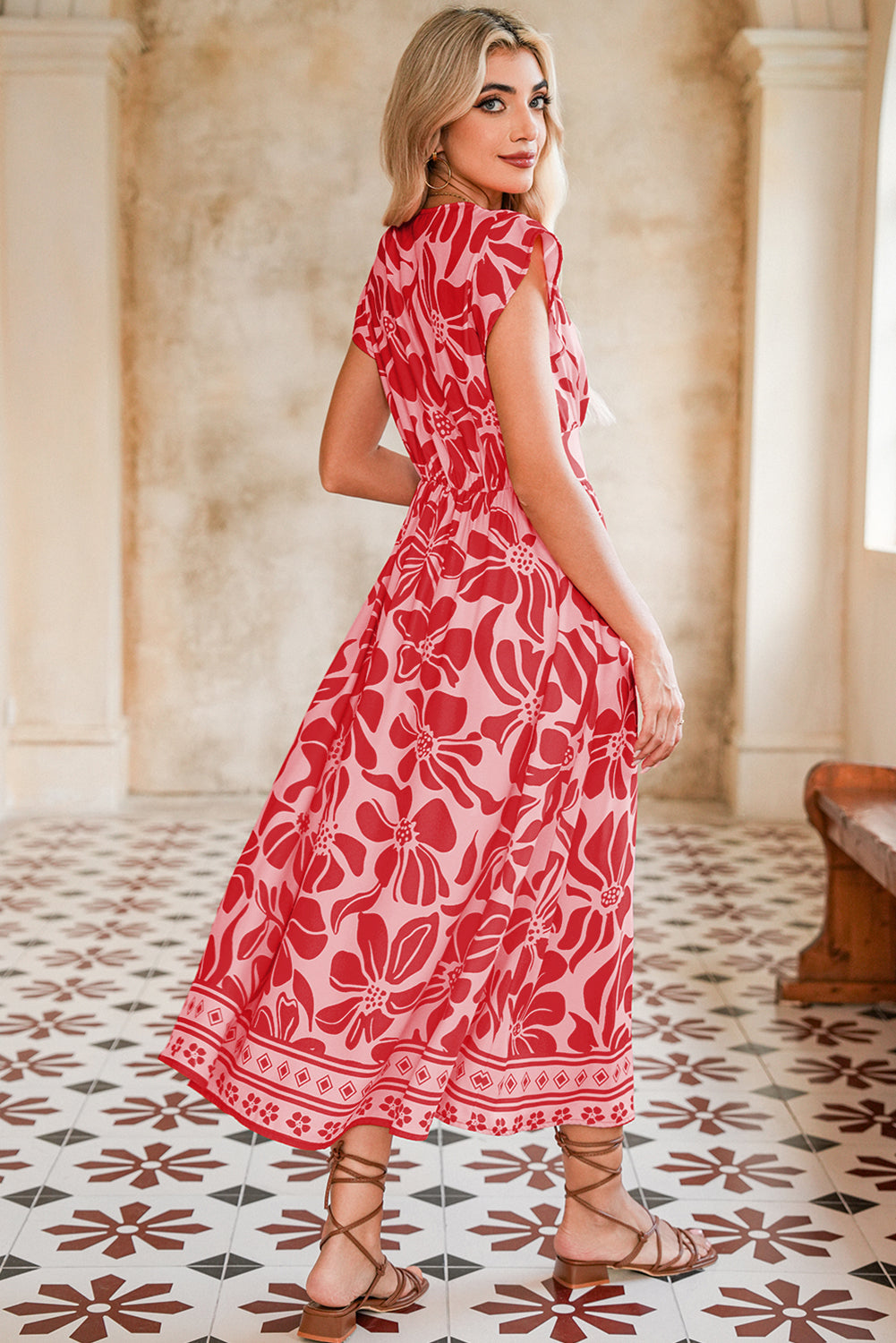 Boho Floral V-Neck Ruffle Shoulder Maxi Dress