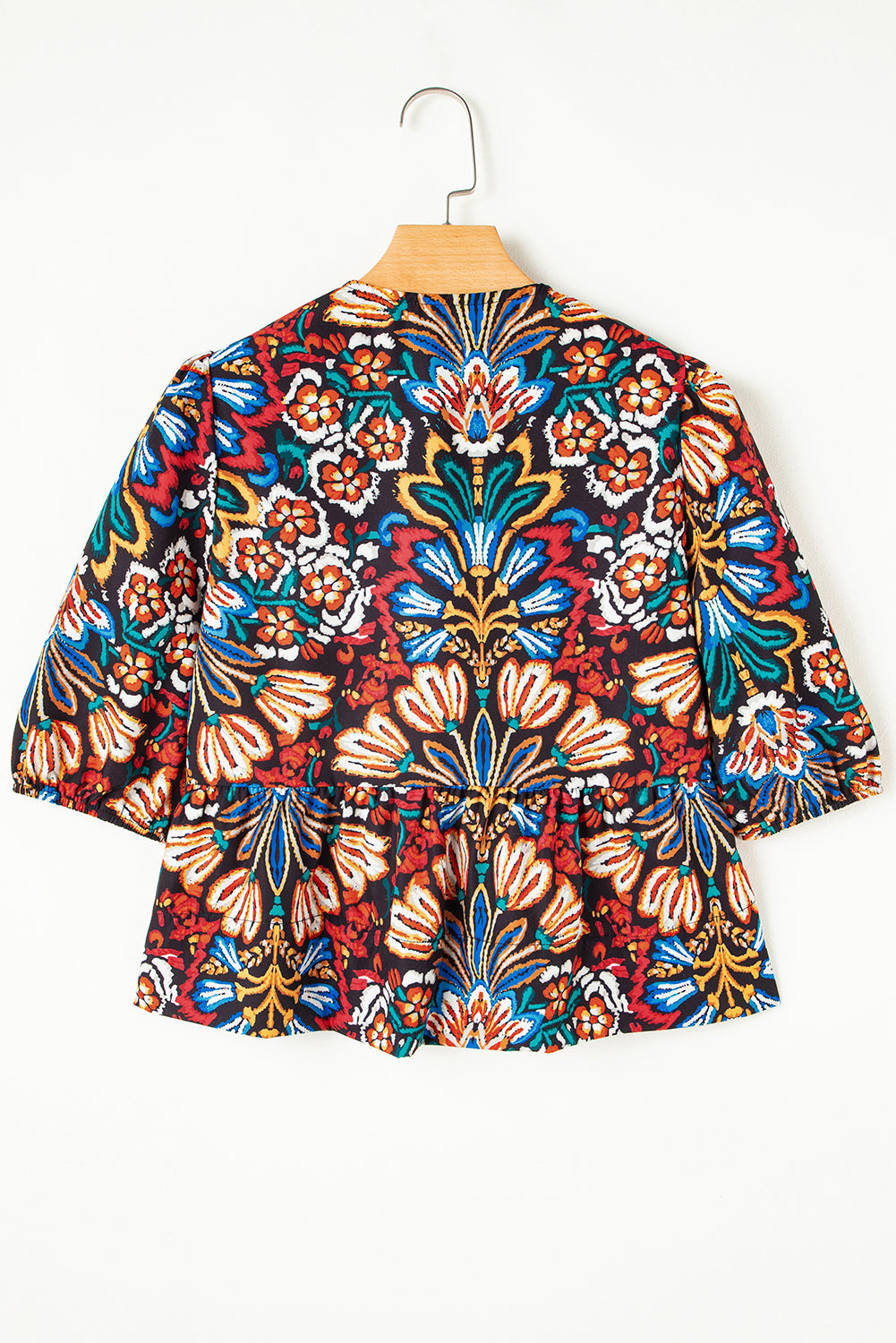 Black Tropical Print Bubble Sleeve Knot Front Blouse eAura