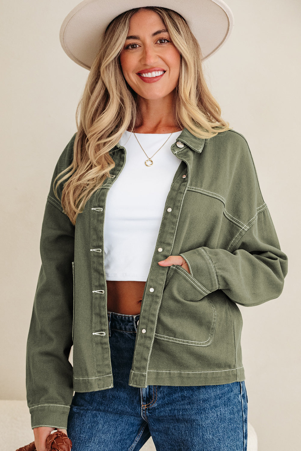 Patched Pocket Collared Button Front Boyfriend Denim Jacket - eAura