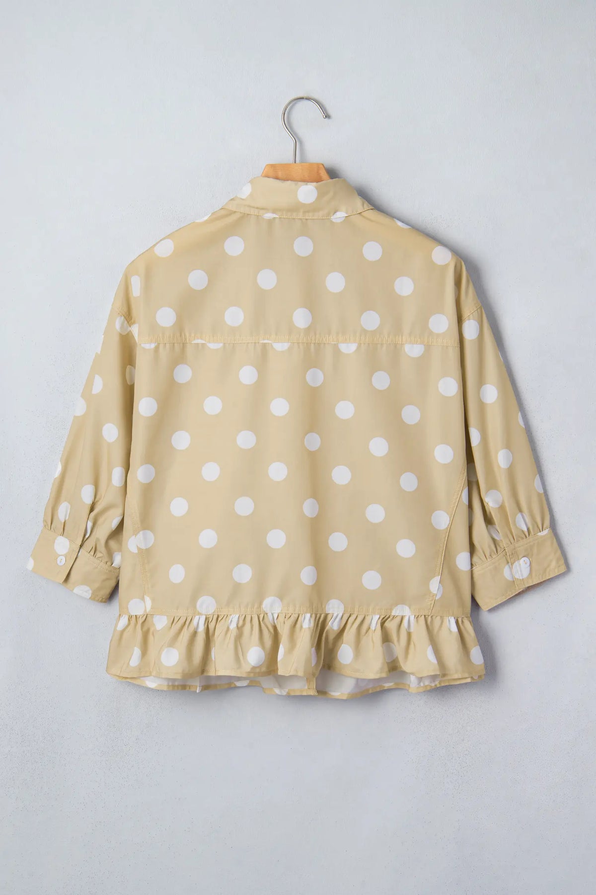 Polka Dot Print Three Quarter Sleeve Ruffle Hem Casual Shirt – Khaki