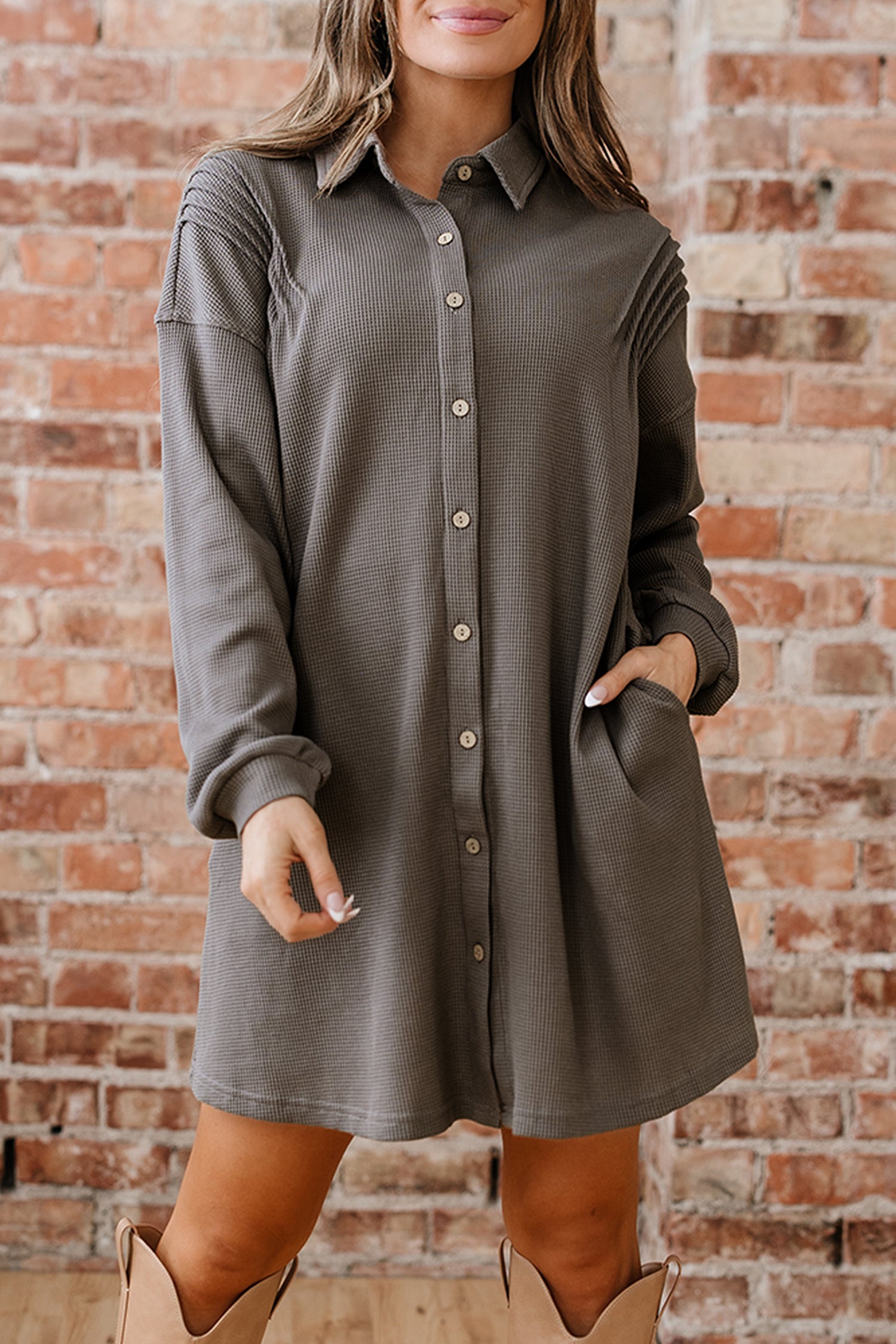 Waffle Knit Shirt Tunic Dress - eAura